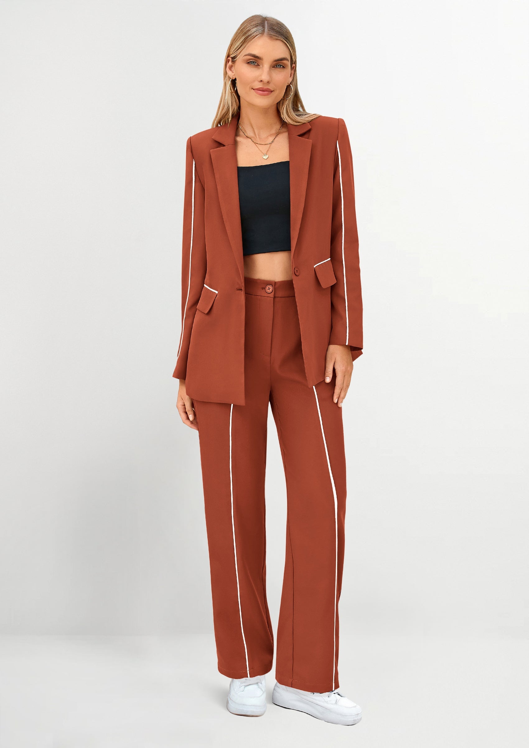 Chichi 2 Piece Blazer Outfits Business Casual Oversized Jacket Wide Leg Work Pants Dressy Suit Set Coffee