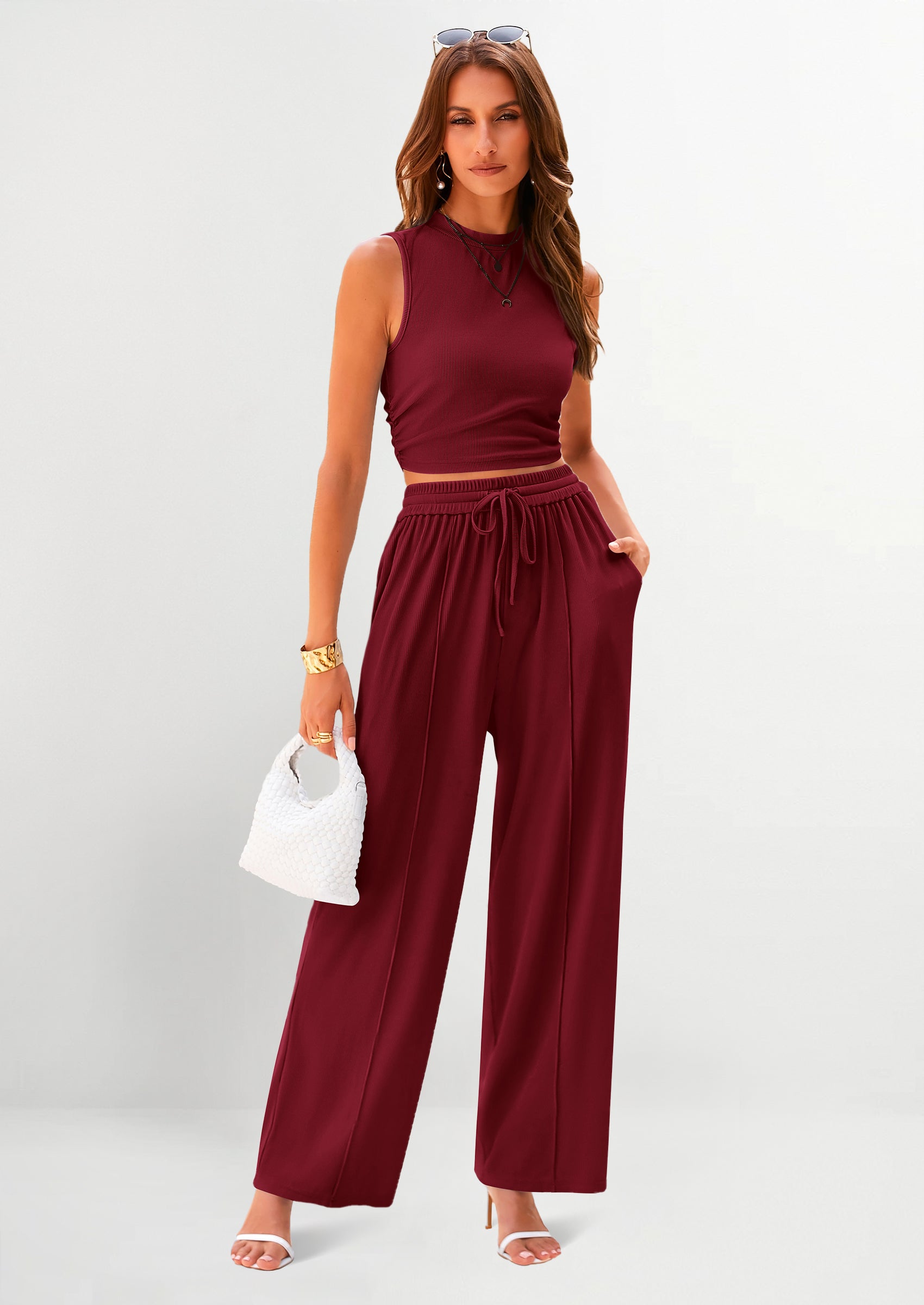 Chichi 2 Piece Sets Sleeveless Tank Ribbed Travel Vacation Lounge Wear Outfits Wine Red