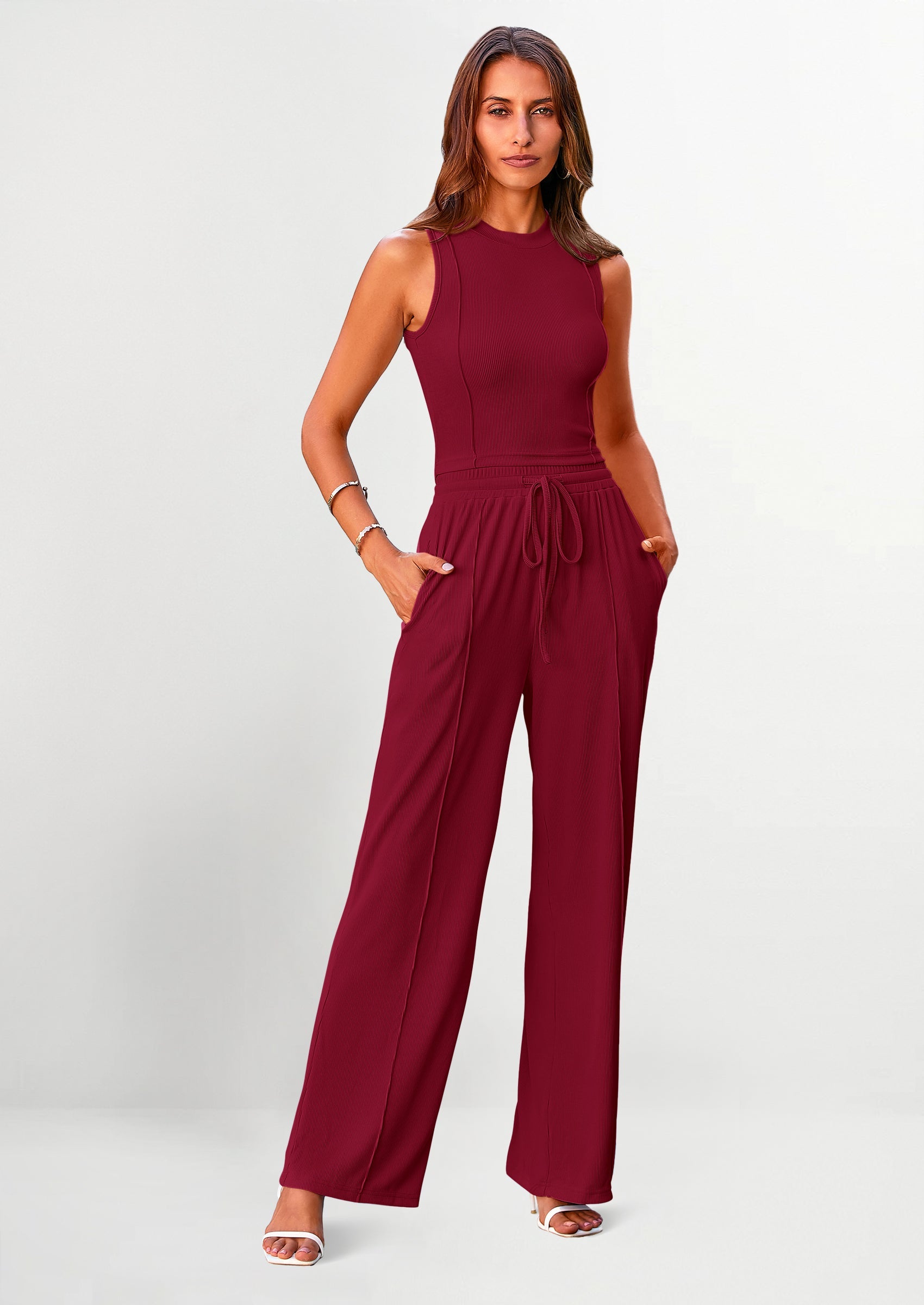 Chichi Women's Summer 2 Piece Loungewear Set Cropped Tank Top Wide Leg Sweatpants Tracksuit Casual Outfits Wine Red