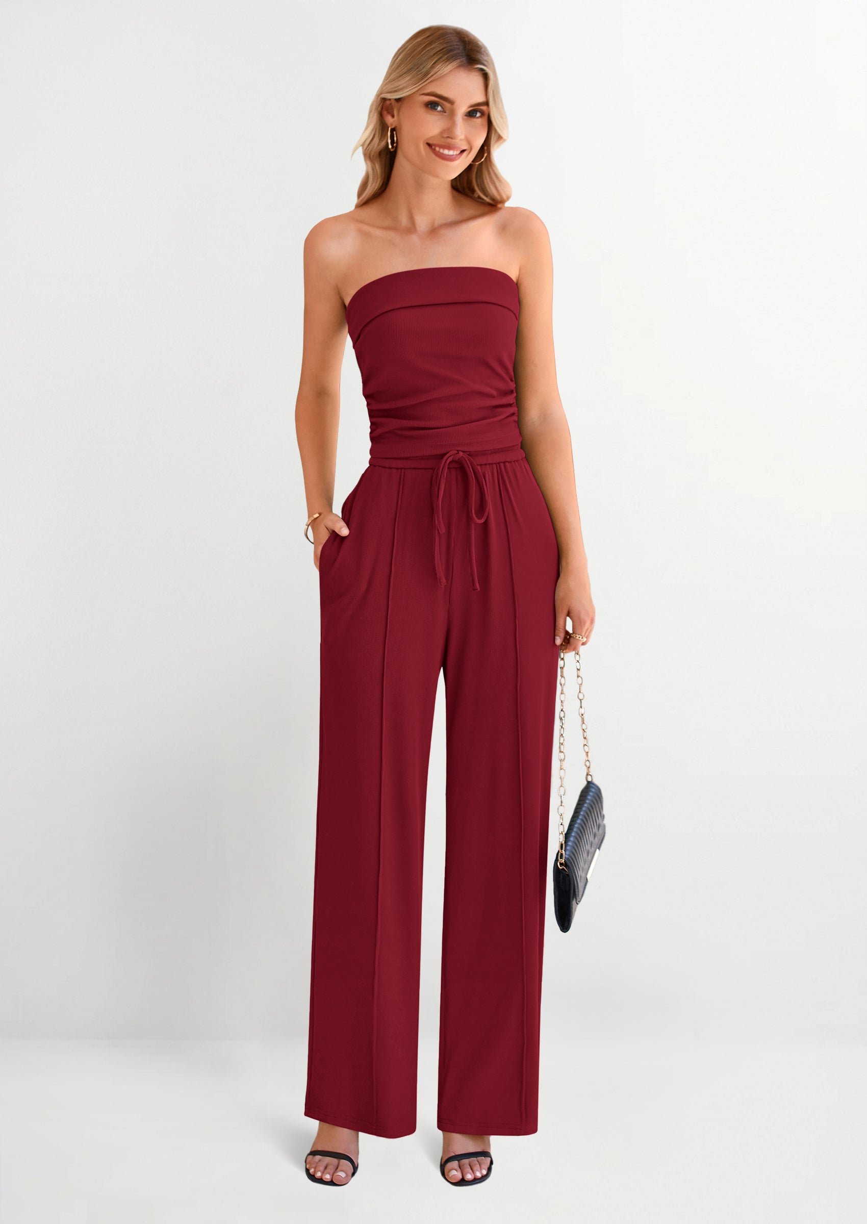 Chichi 2 Piece Sets Casual Ribbed Knit Crop Tube Top Wide Leg Pants Lounge Set Wine Red