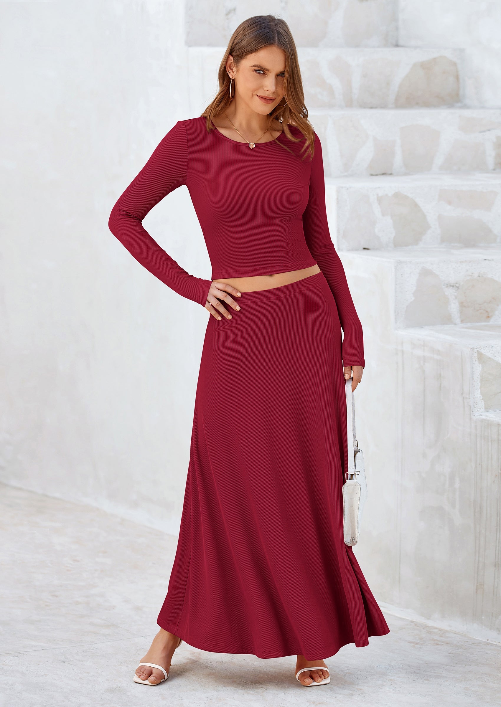 Chichi 2 Piece Casual Ribbed Knit Long Sleeve Crop Tops Maxi Flowy Skirts Matching Sets Wine Red