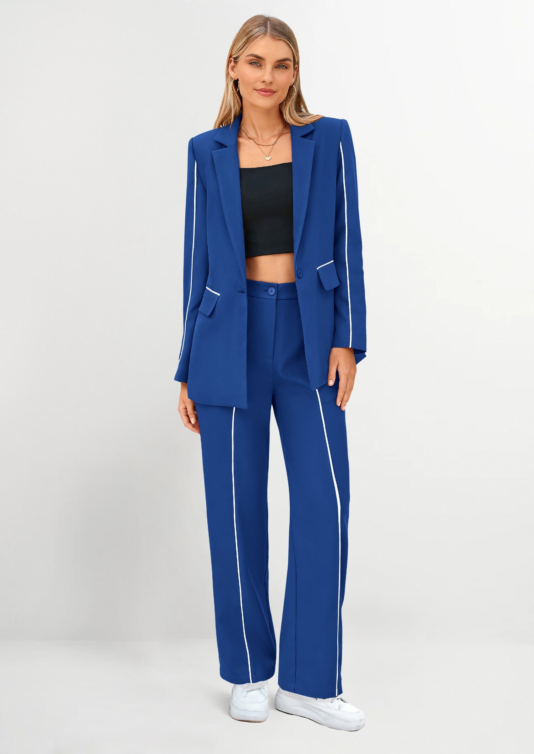 Chichi 2 Piece Blazer Outfits Business Casual Oversized Jacket Wide Leg Work Pants Dressy Suit Set Royal Blue