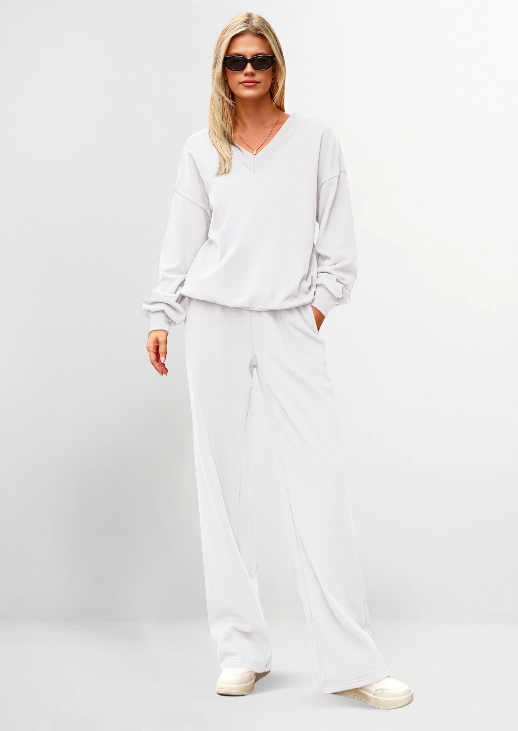 Chichi Casual Winter Two Piece Sets for Women V Neck Sweatshirt Loose Wide Leg Pants Tracksuit Knit Fall Outfits White