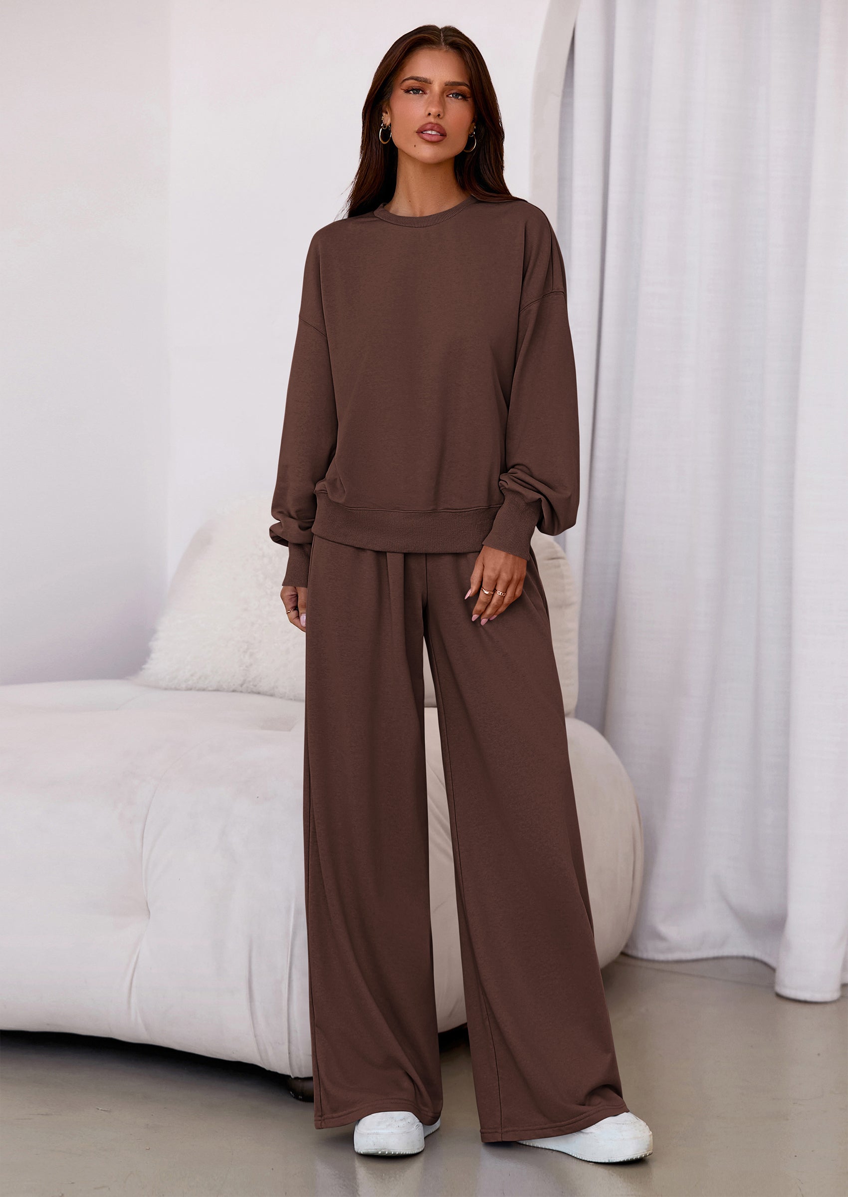 Chichi Womens 2 Piece Sets Long Sleeve Sweatshirt Wide Leg Pants Loose Matching Lounge Set Trendy Fall Outfits Brown