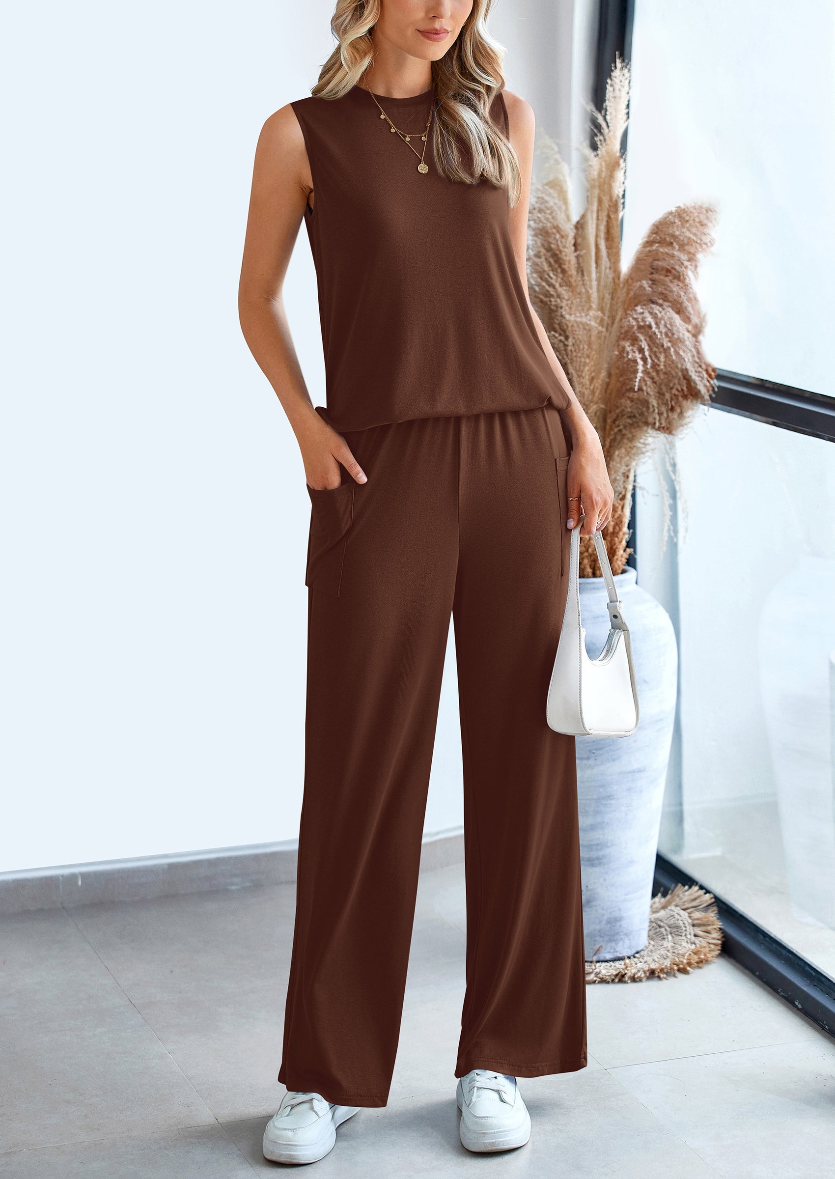 Chichi 2 Piece Set Loose Tank Top Wide Leg Pants Casual Matching Outfits Tracksuit Light Coffee