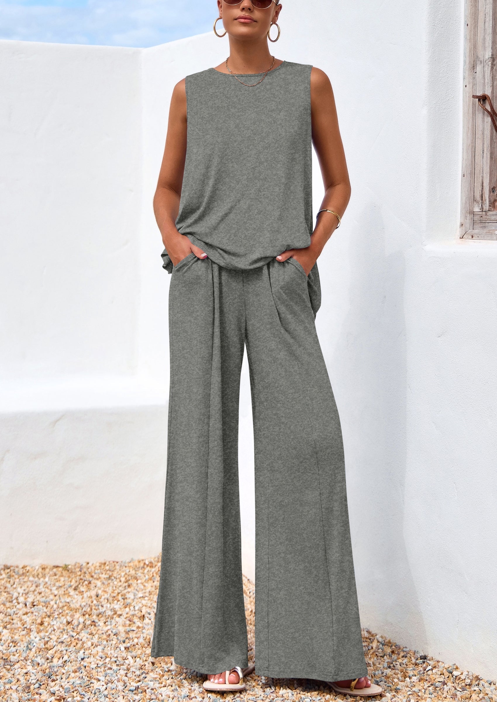 Chichi Women's Two Piece Matching Lounge Sets Asymmetrical Split Tank Tops Wide Leg Pants Summer Outfits Tracksuit Grey