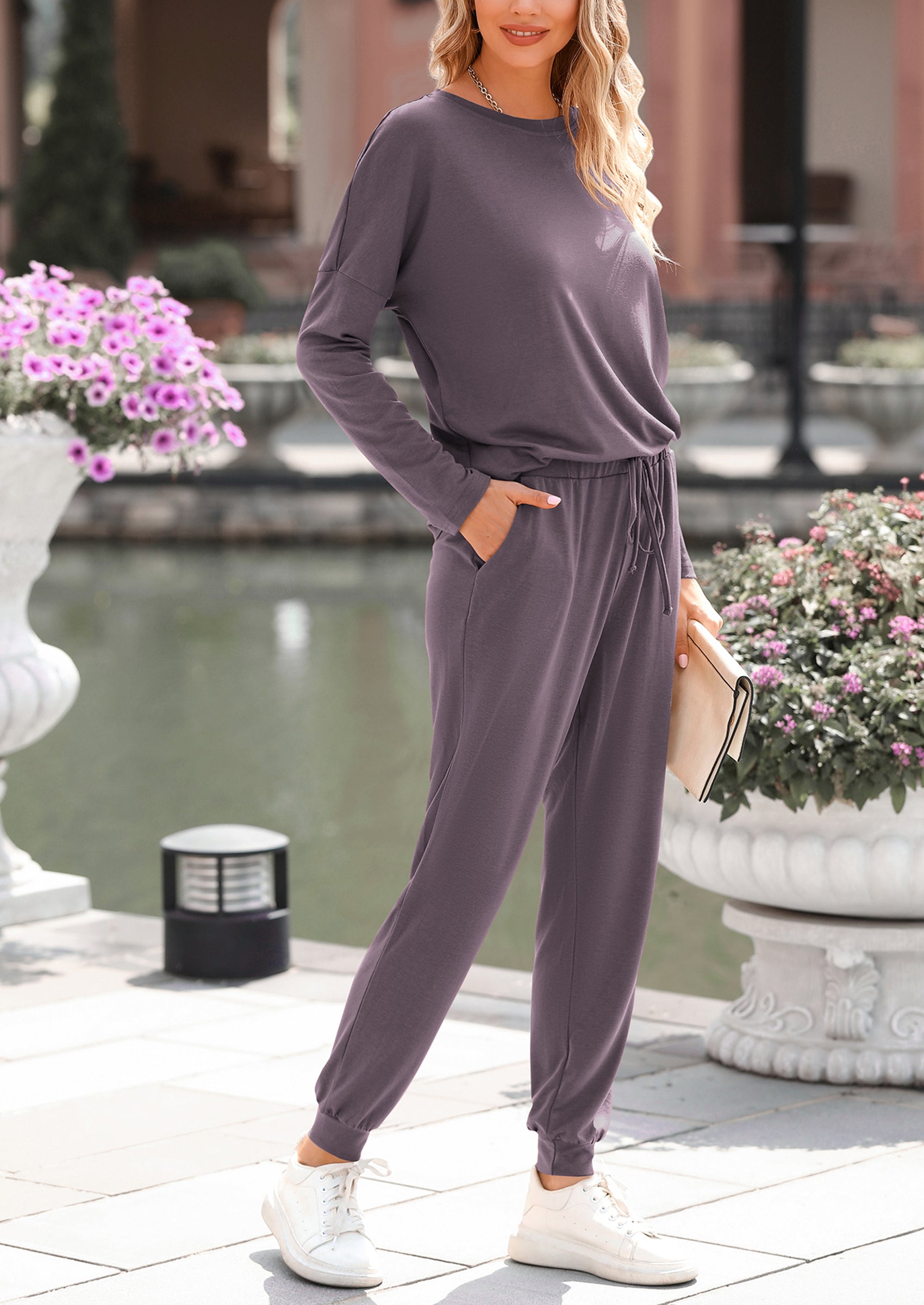 Chichi Lounge Outfit Long Sleeve Crewneck Pullover Tops High Waisted Pants Set Tracksuit Light Grey
