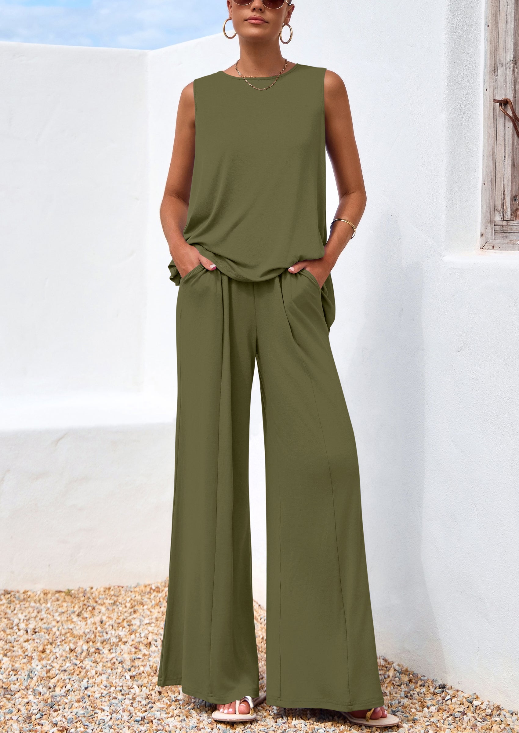 Chichi Women's Two Piece Matching Lounge Sets Asymmetrical Split Tank Tops Wide Leg Pants Summer Outfits Tracksuit Army Green