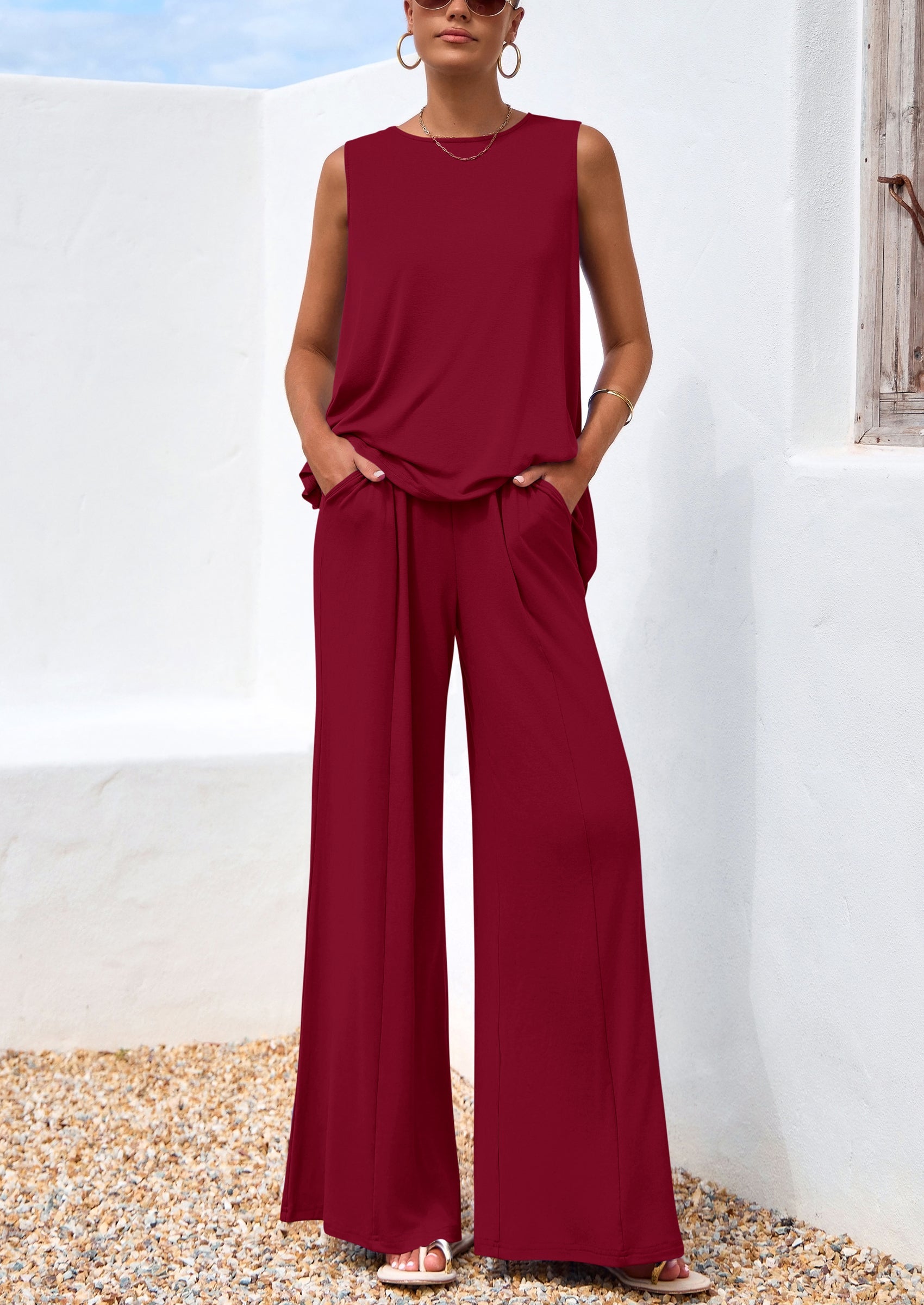 Chichi Women's Two Piece Matching Lounge Sets Asymmetrical Split Tank Tops Wide Leg Pants Summer Outfits Tracksuit Wine Red