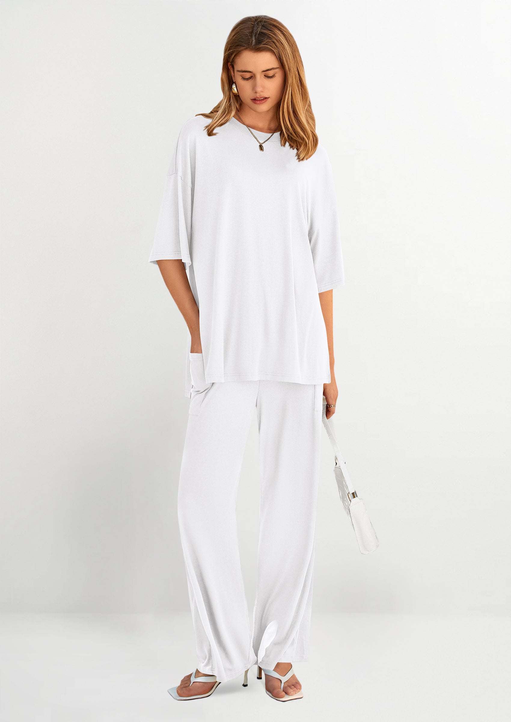 Chichi Women's 2 Piece Outfits Casual Short Sleeve Pullover Tops and Wide Leg Pants Lounge Sets Tracksuits White