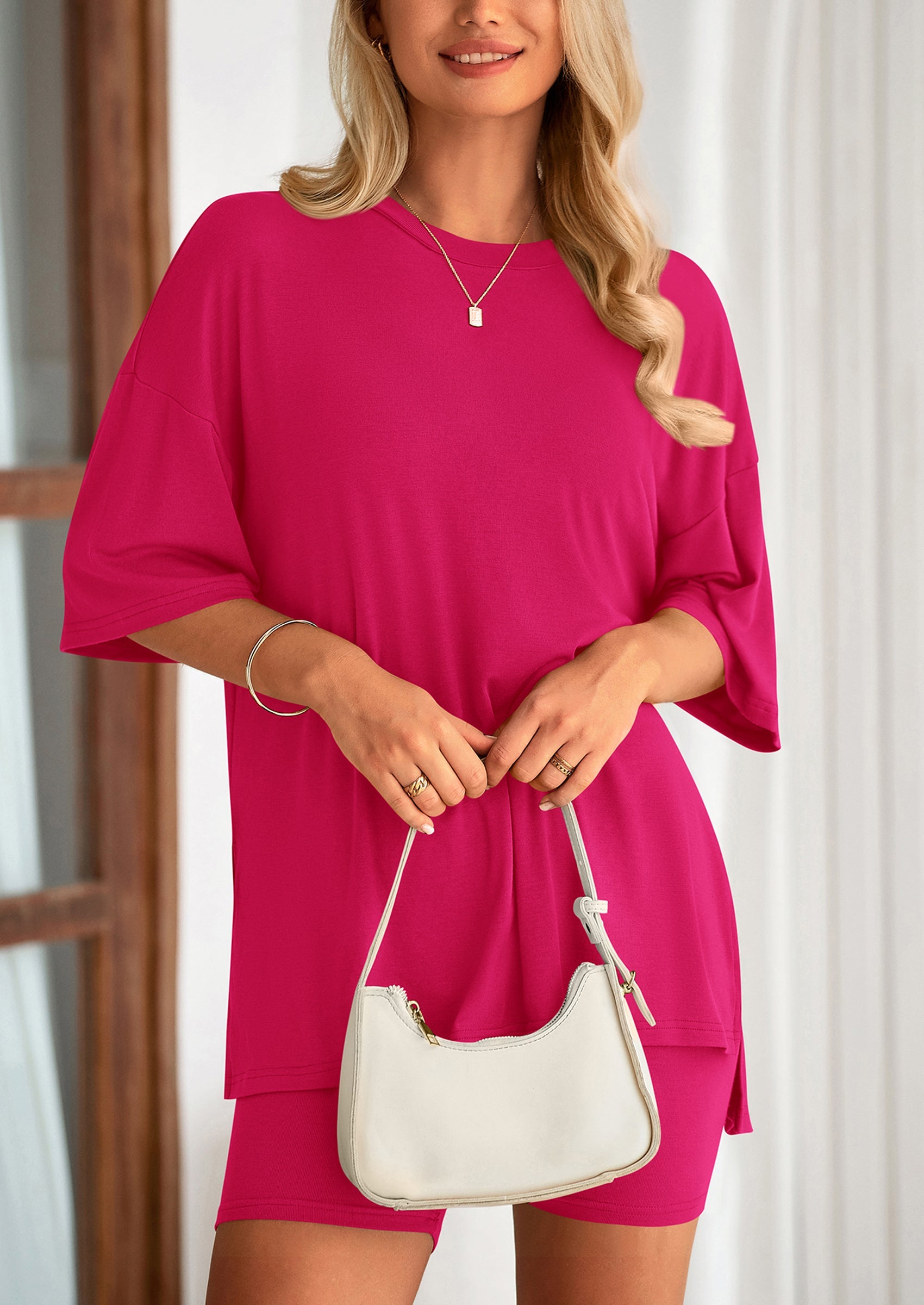 Chichi Women's Two Piece Lounge Set Summer Casual Oversized Shirts Biker Shorts Matching Airport Travel Outfit Pink