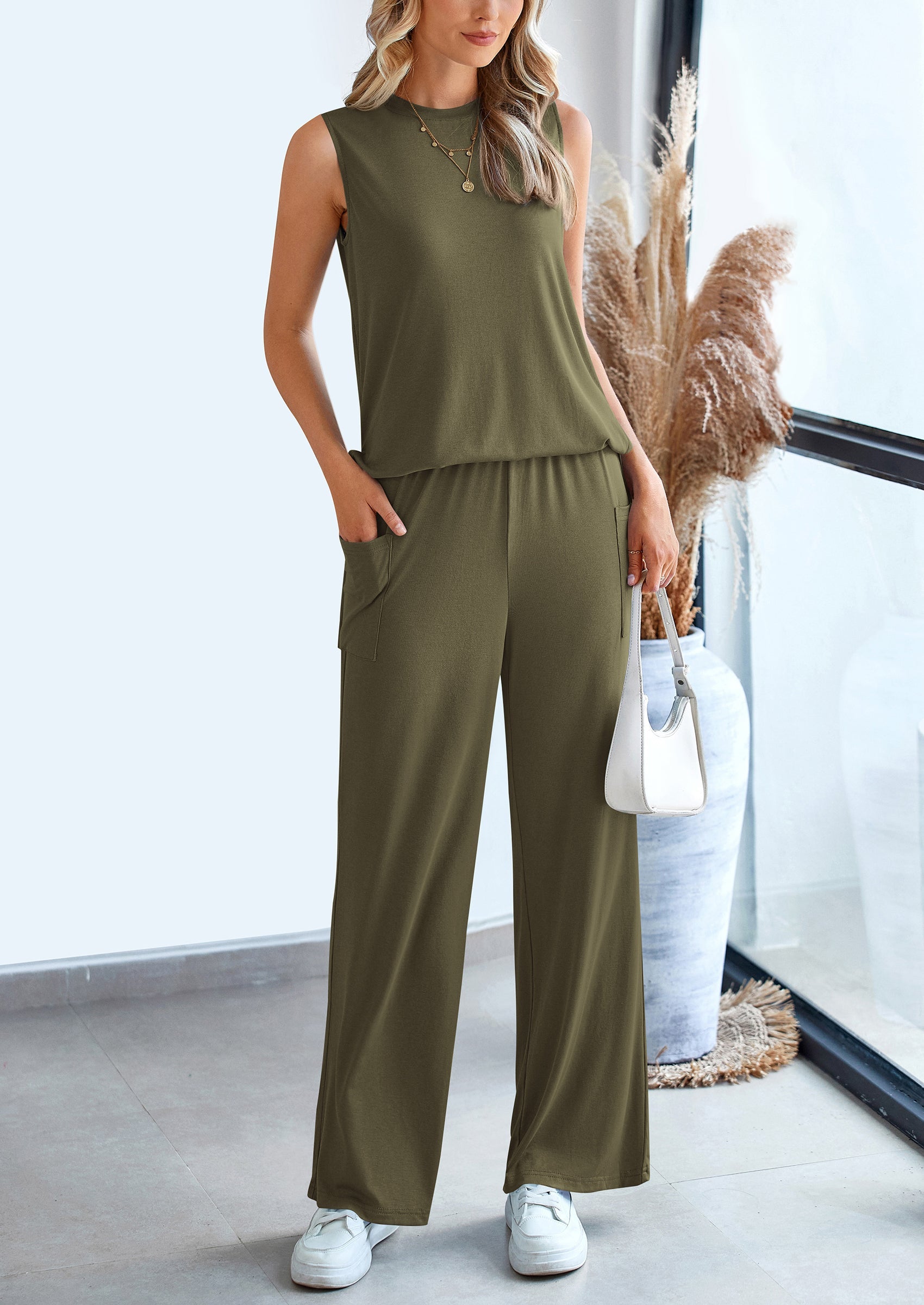 Chichi 2 Piece Set Loose Tank Top Wide Leg Pants Casual Matching Outfits Tracksuit Army Green