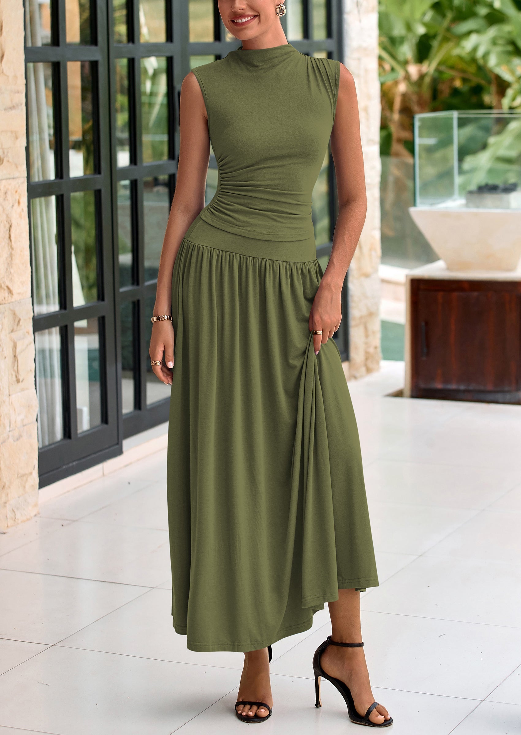Chichi Womens Skirt Sets Summer Ruched Tank Tops Ruffle Maxi Skirts Wedding Guest Matching 2 Piece Outfits Army Green