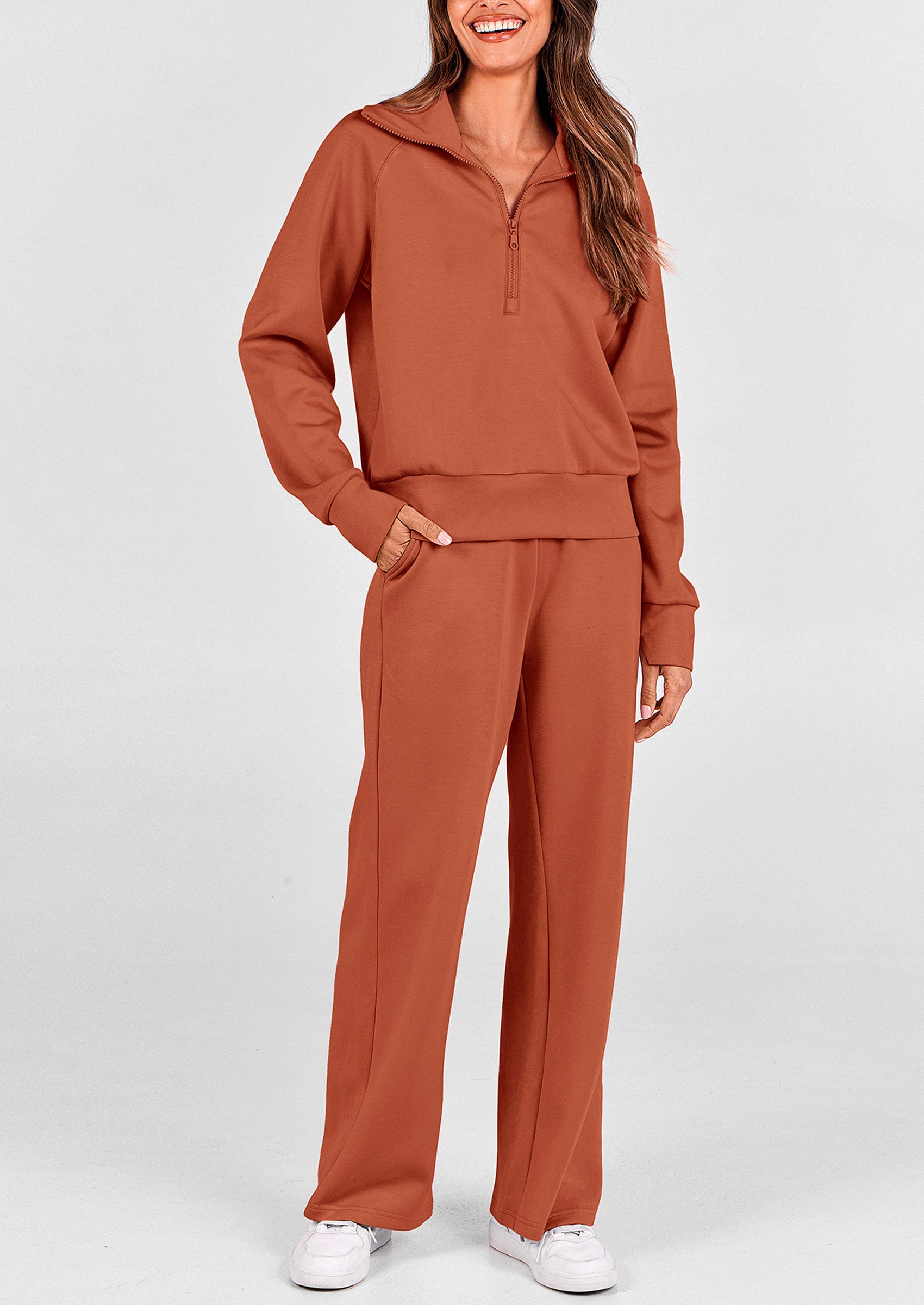 Chichi Women's 2 Piece Outfits Casual Lapel Half Zip Sweatshirts And Wide Leg Pants Tracksuit Sets Brick Red