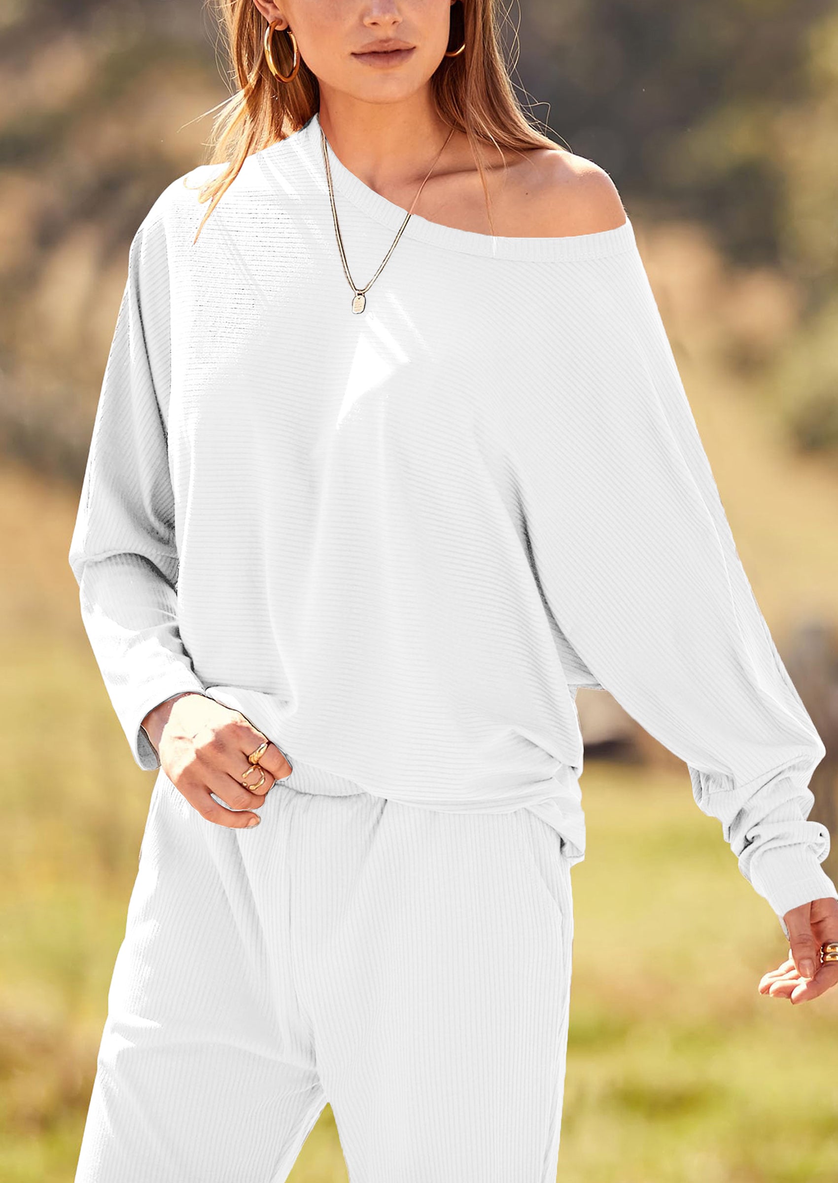 Chichi Women's Fall 2 Piece Lounge Set Long Sleeve Tops Ribbed Pants Spring Matching Sweatsuit Travel Outfits Clothes White
