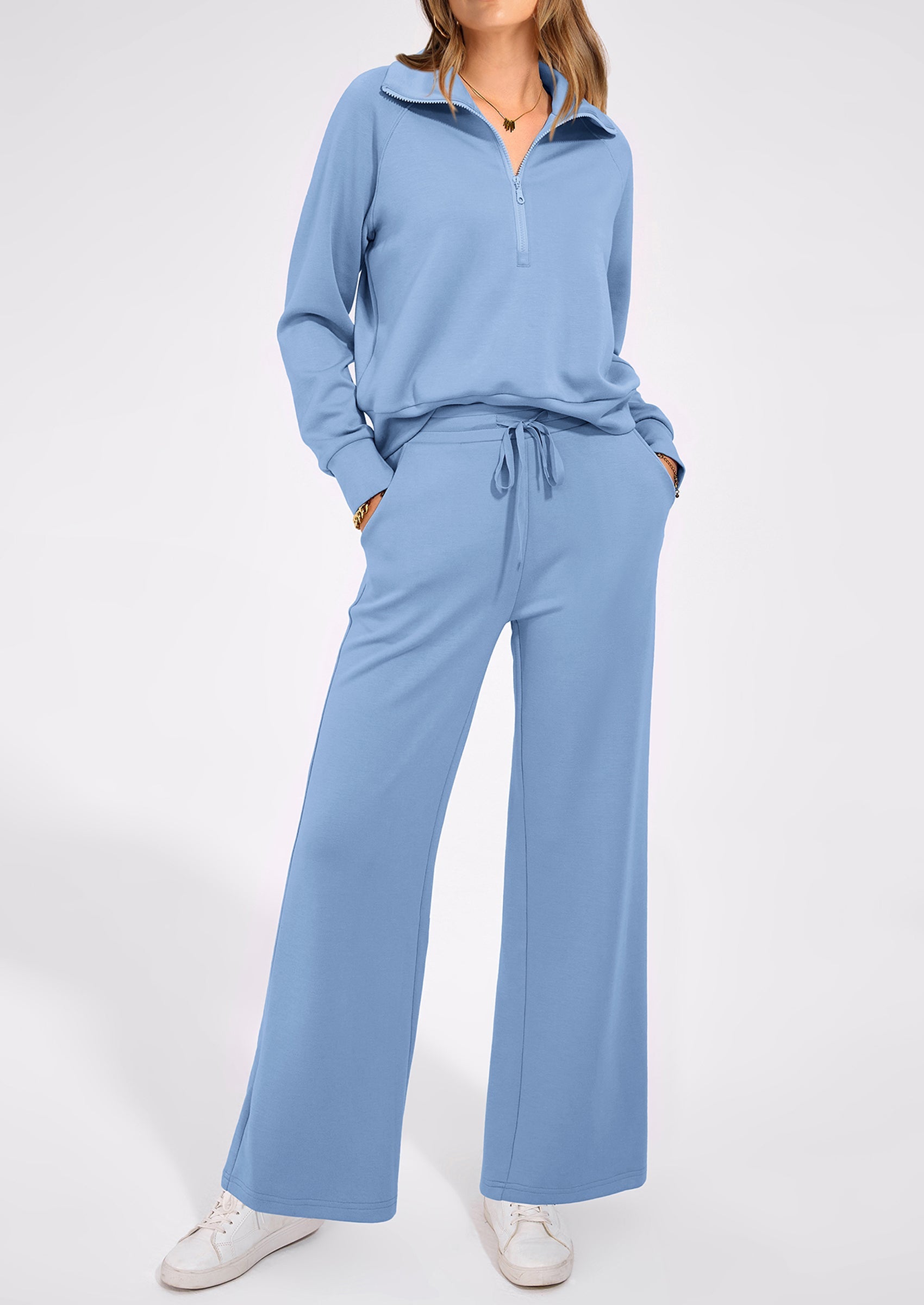 Chichi Women's 2 Piece Outfits Casual Lapel Half Zip Sweatshirts And Wide Leg Pants Tracksuit Sets Wine Red