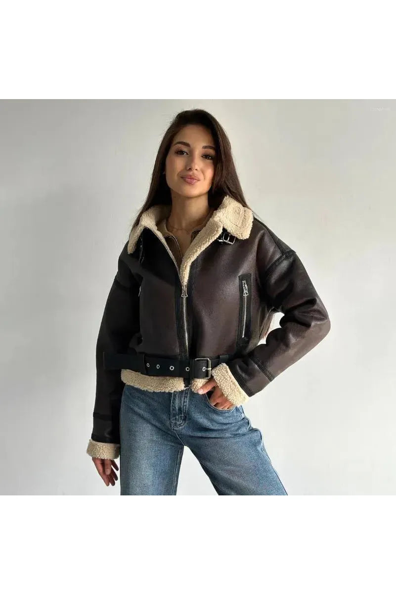 Molly | Leather Fur Coat Mocca