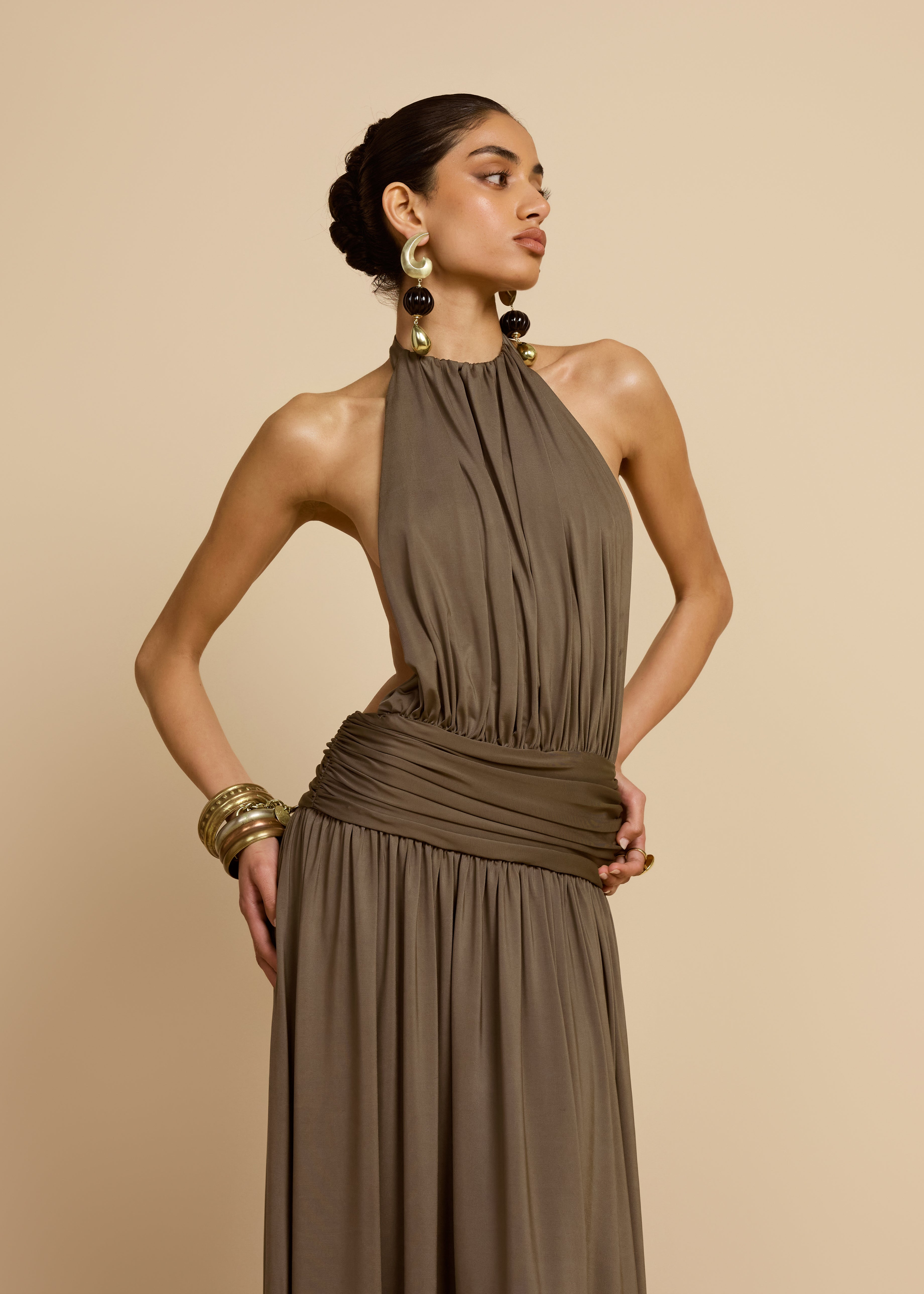 Selva | Halter Maxi Dress Olive Brown