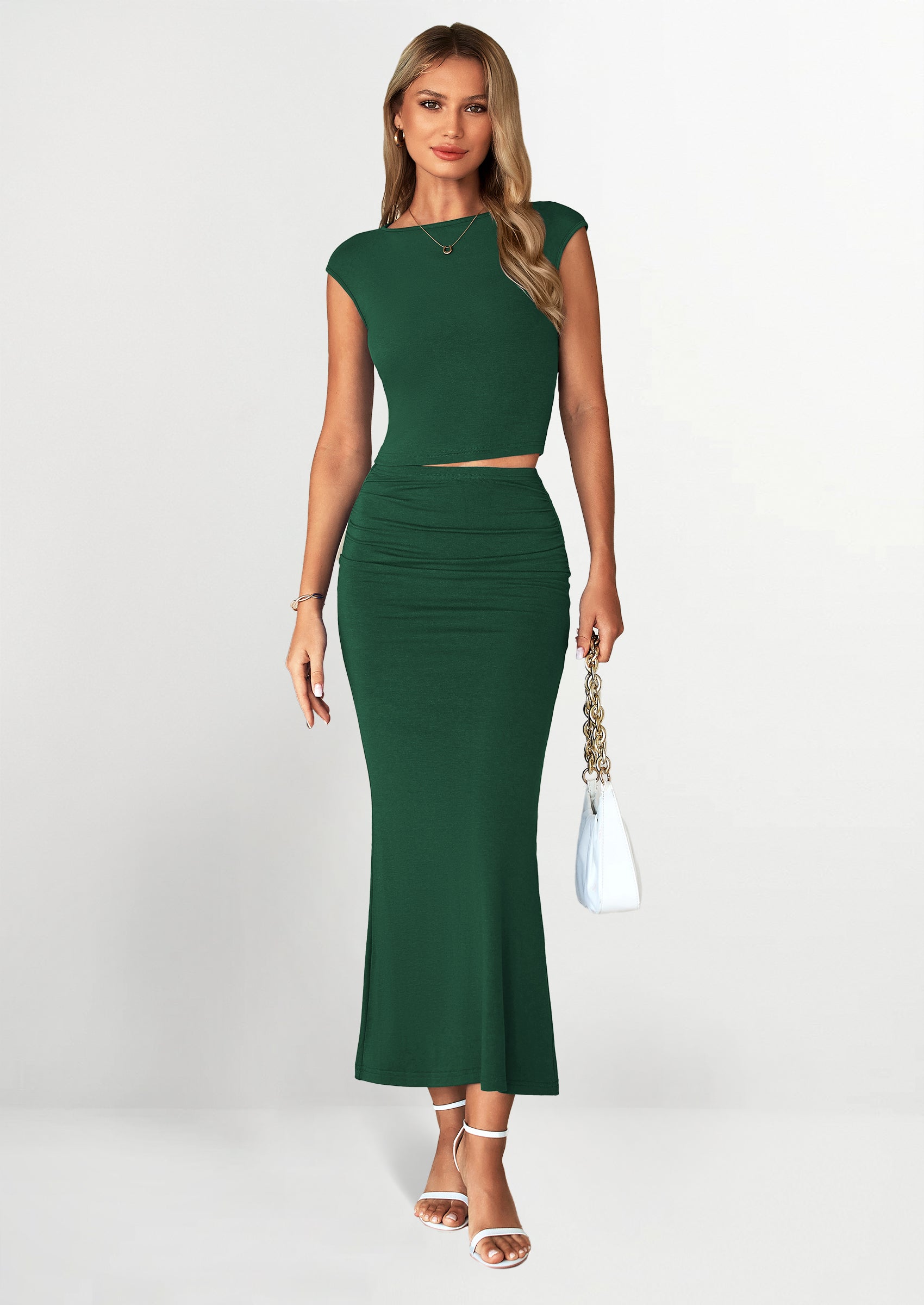 Chichi Summer 2 Piece Sets for Women Going Out Casual Cap Sleeve Crop Tops Ruched Maxi Long Skirts Spring Outfits Dark Green