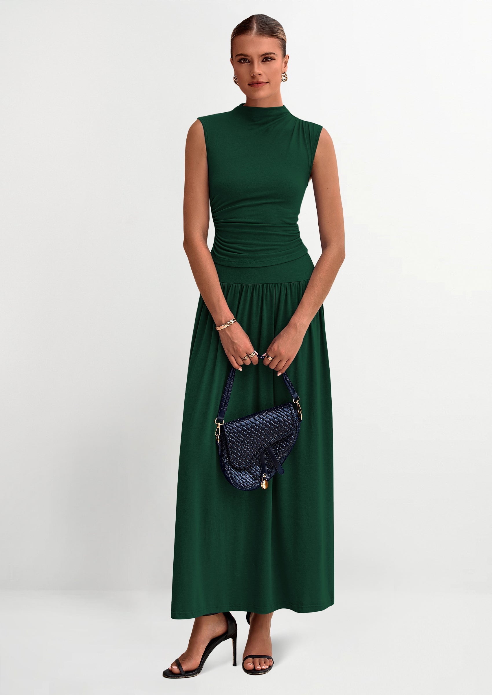Chichi Womens Skirt Sets Summer Ruched Tank Tops Ruffle Maxi Skirts Wedding Guest Matching 2 Piece Outfits Dark Green