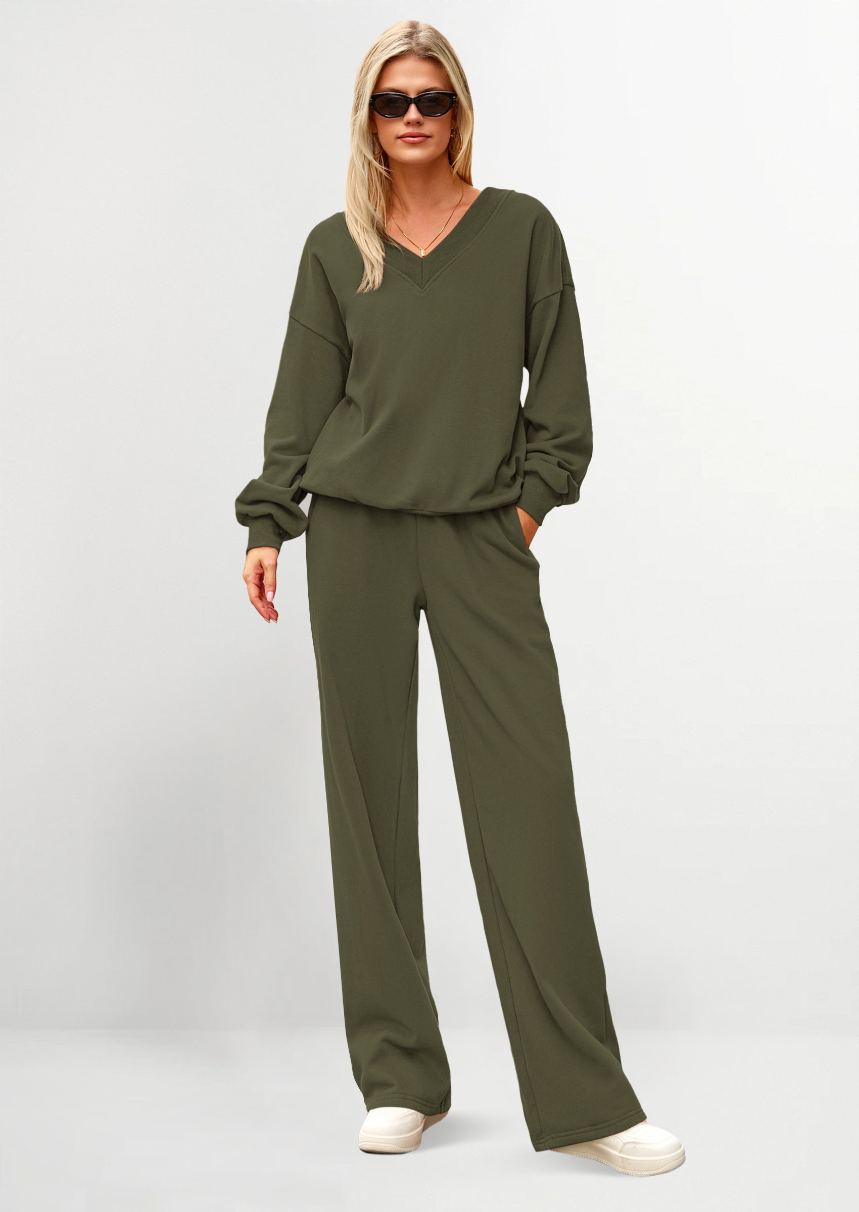 Chichi Casual Winter Two Piece Sets for Women V Neck Sweatshirt Loose Wide Leg Pants Tracksuit Knit Fall Outfits Army Green