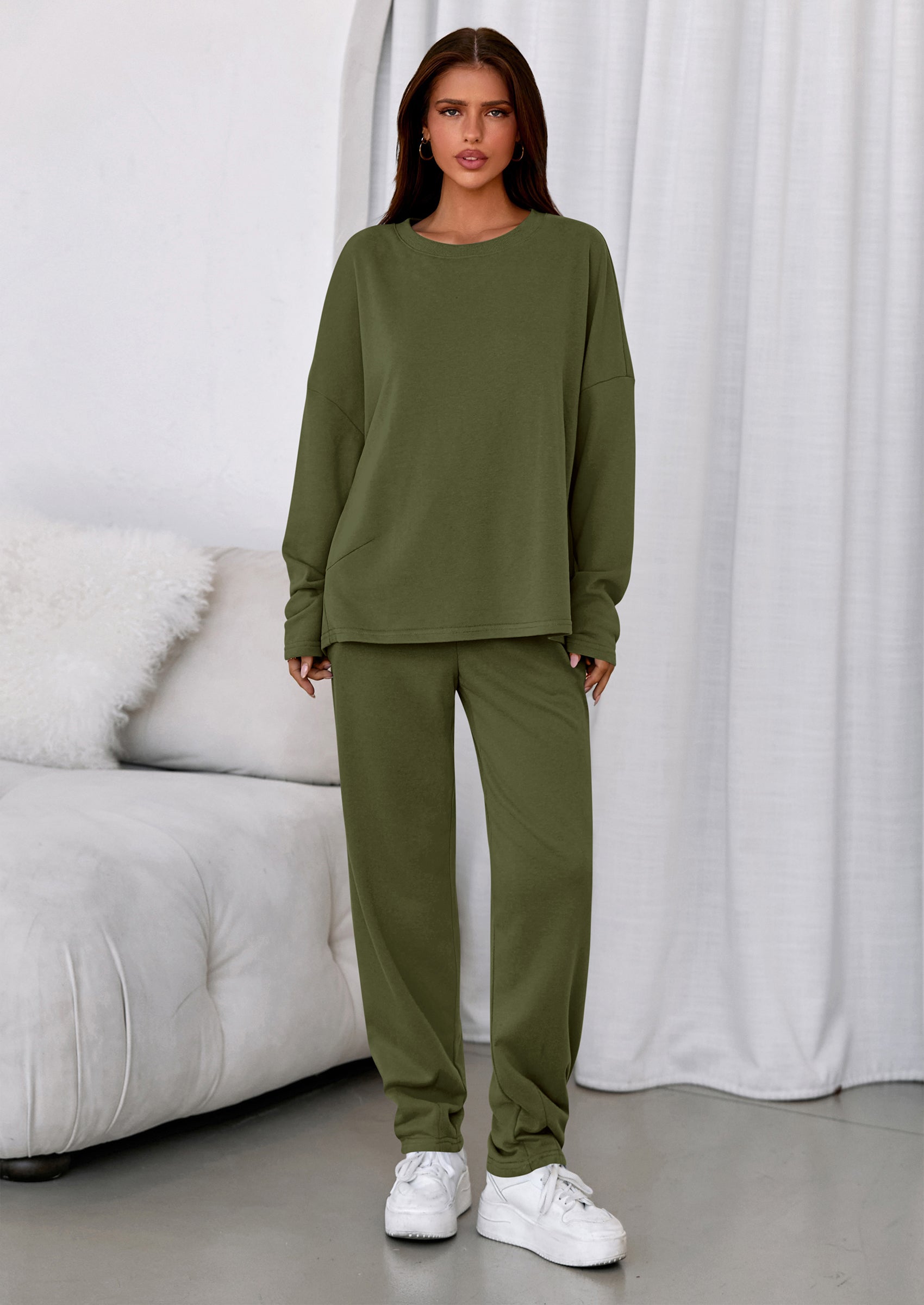 Chichi Womens 2 Piece Matching Lounge Sets Fall Long Sleeve Boatneck Sweatsuit Drawstring Sweatpants Pockets Army Green