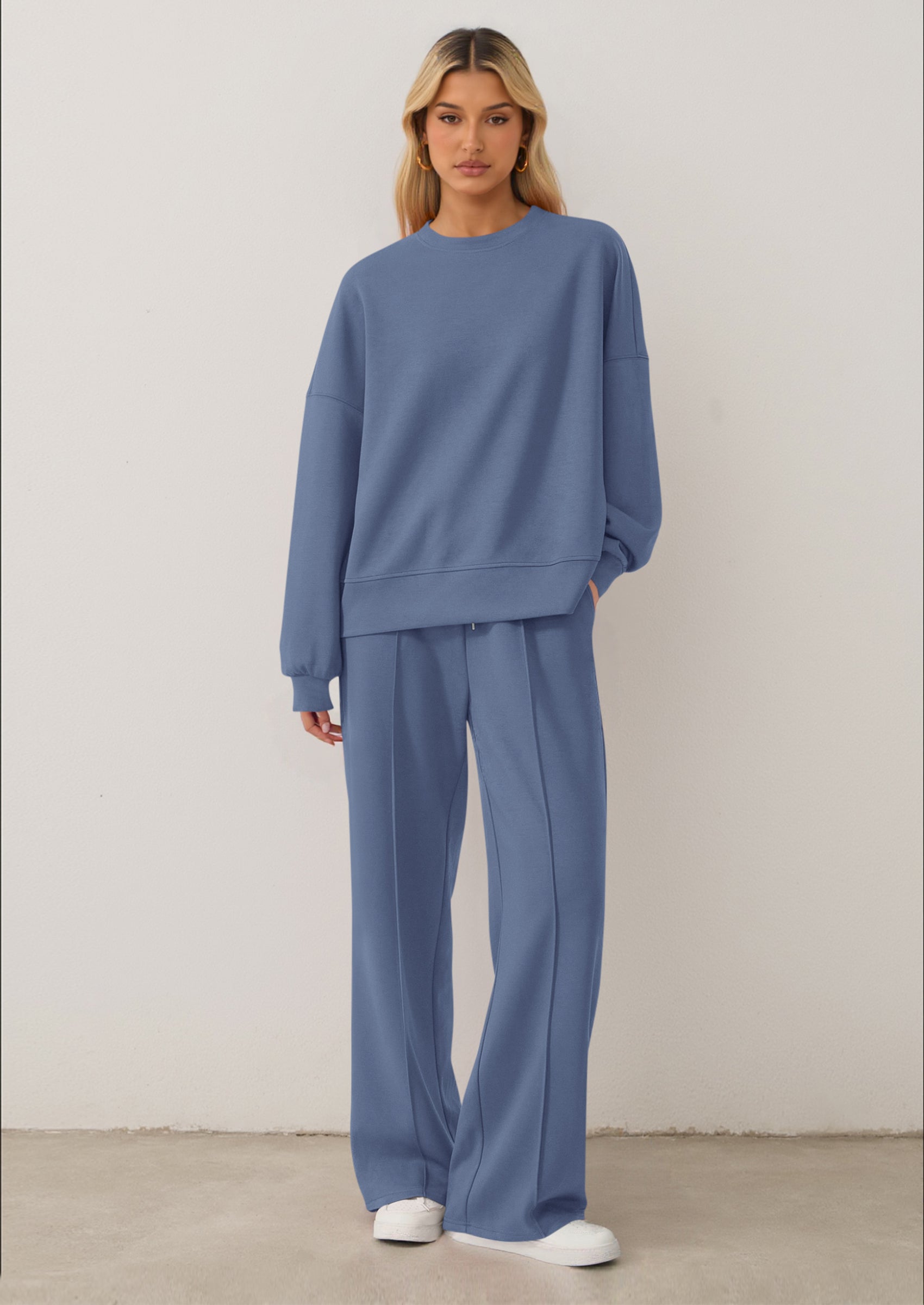 Chichi 2 Piece Sets For Women Fall Trendy Long Sleeve Sweatshirt Wide Leg Pants Loungewear Set Matching Sweatsuit Grey Blue