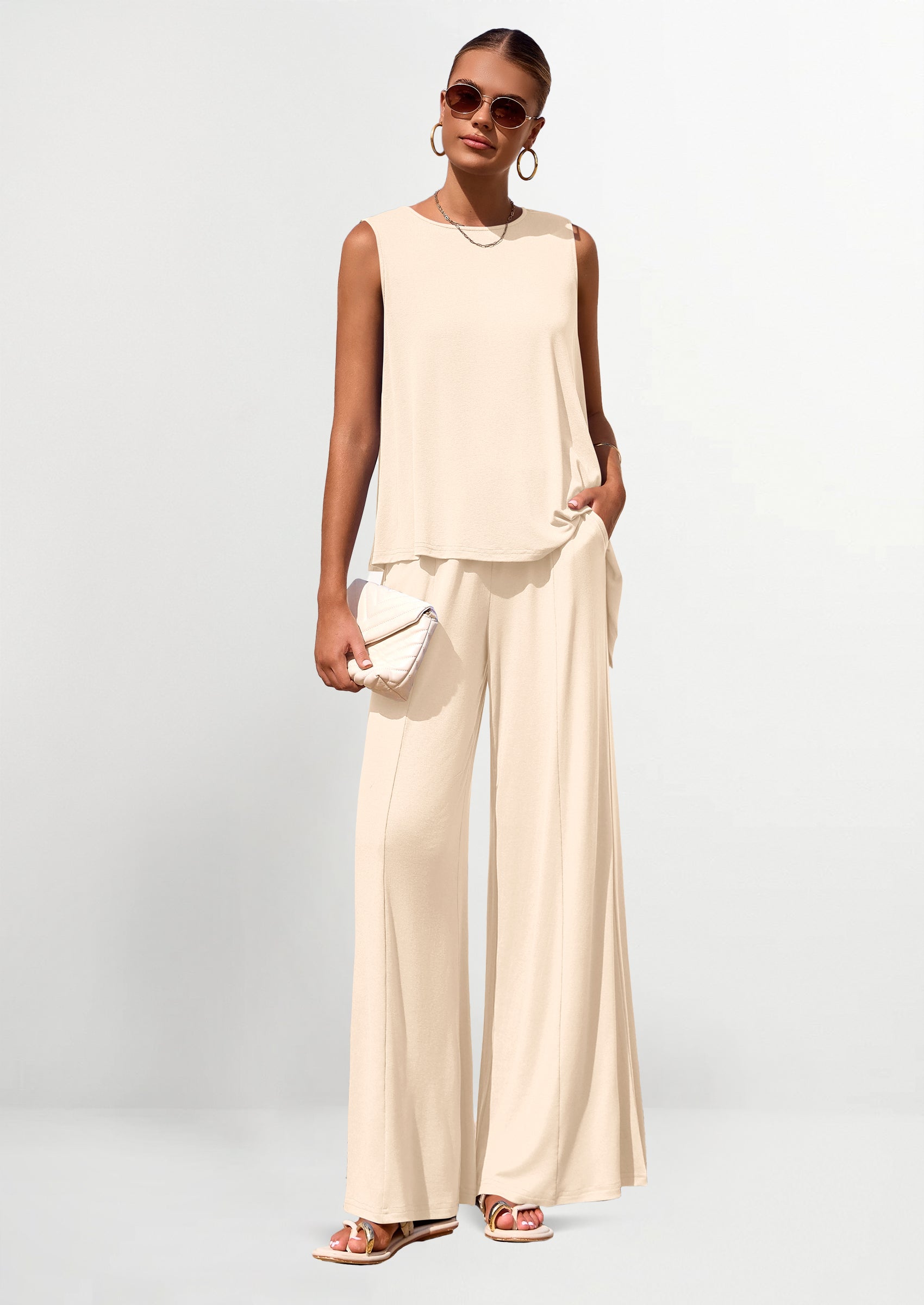 Chichi Women's Two Piece Matching Lounge Sets Asymmetrical Split Tank Tops Wide Leg Pants Summer Outfits Tracksuit Beige