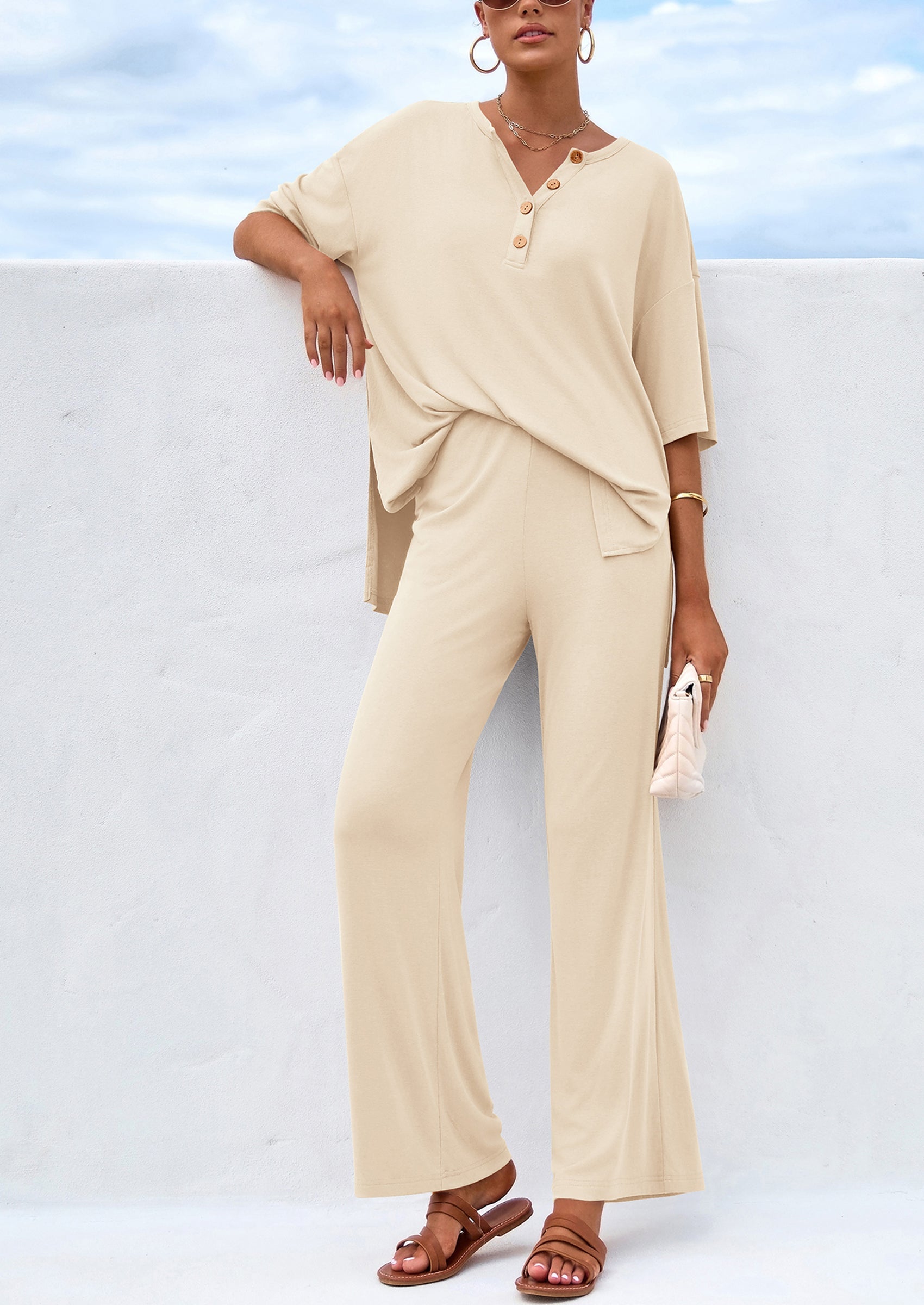 Chichi Women's 2 Piece Outfits Summer Casual V Neck Short Sleeve Tops Wide Leg Pants Matching Lounge Sets Beige