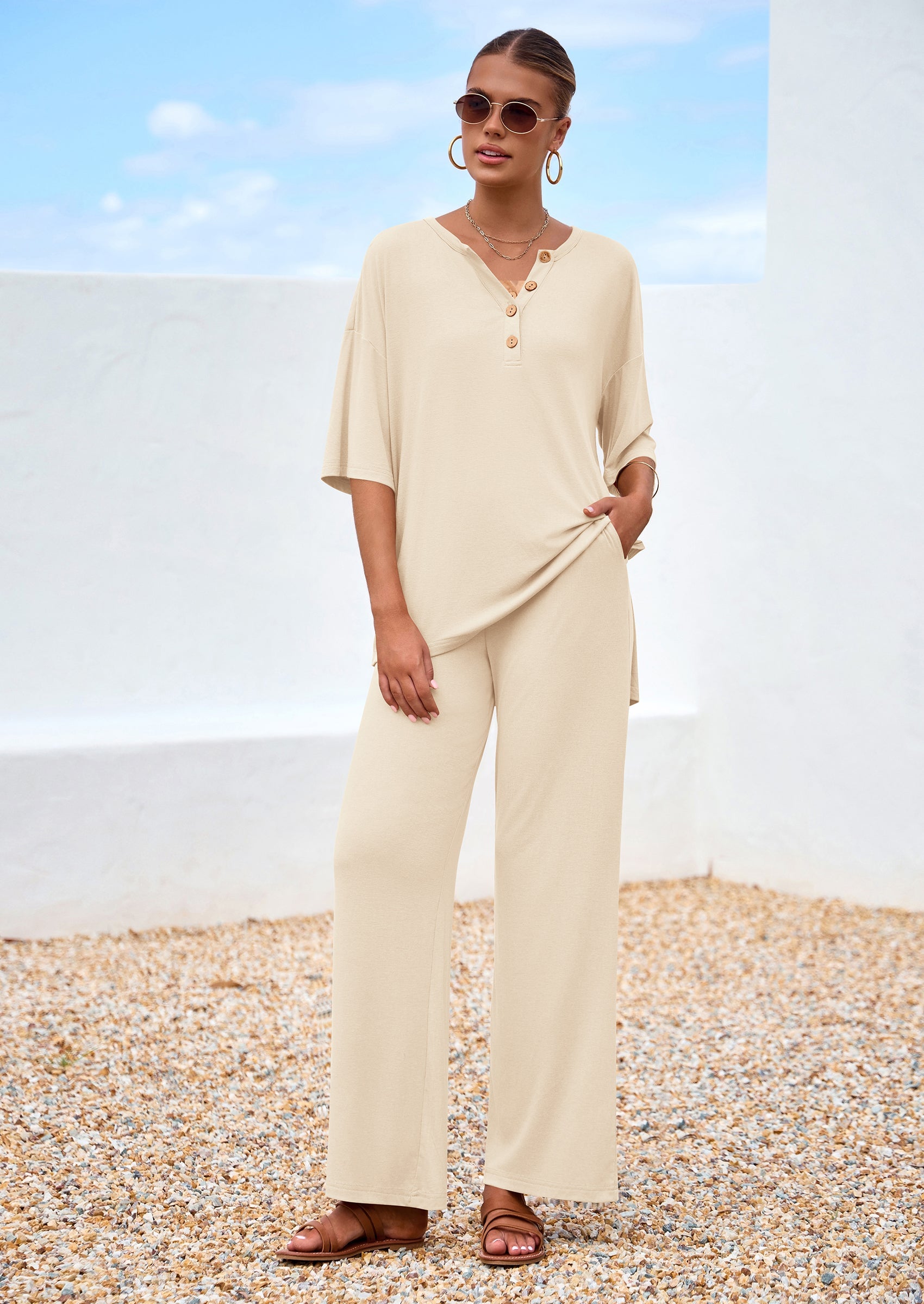 Chichi Women's 2 Piece Outfits Summer Casual V Neck Short Sleeve Tops Wide Leg Pants Matching Lounge Sets Beige