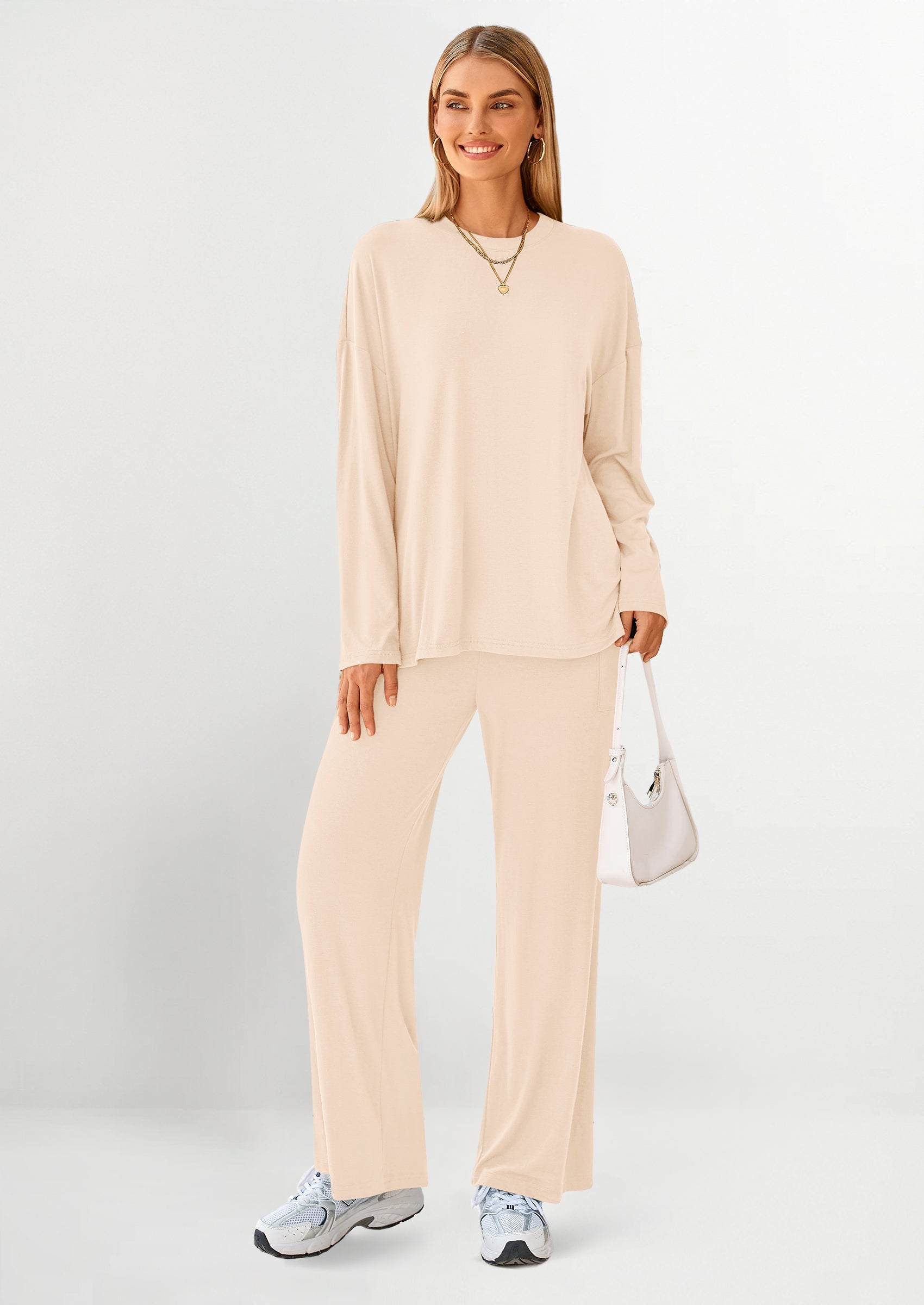 Chichi Women's Two Piece Lounge Sets Matching Long Sleeve Shirts Wide Leg Pants Tracksuits Travel Outfits Fall Clothes Beige