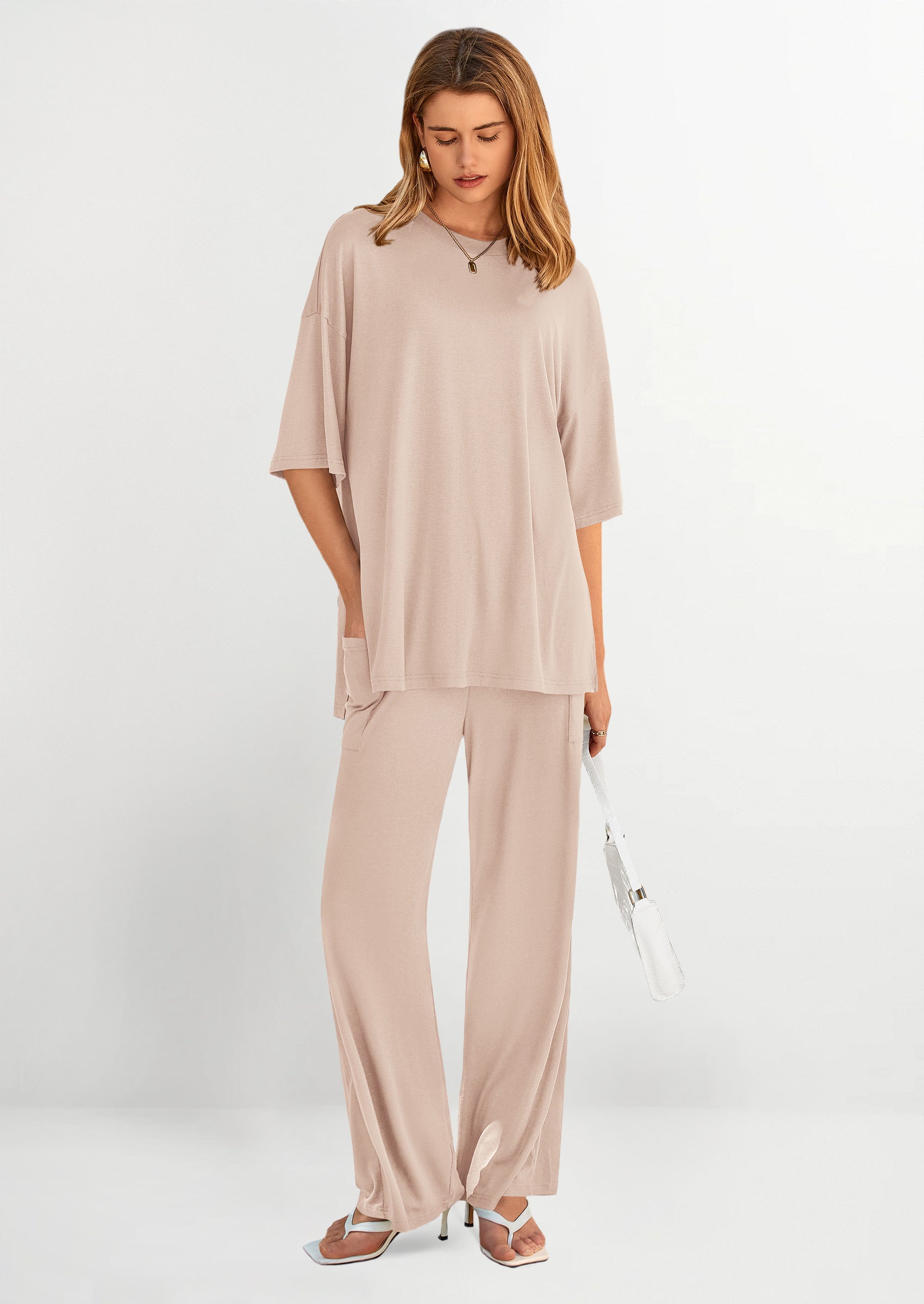 Chichi Women's 2 Piece Outfits Casual Short Sleeve Pullover Tops and Wide Leg Pants Lounge Sets Tracksuits Rose Red
