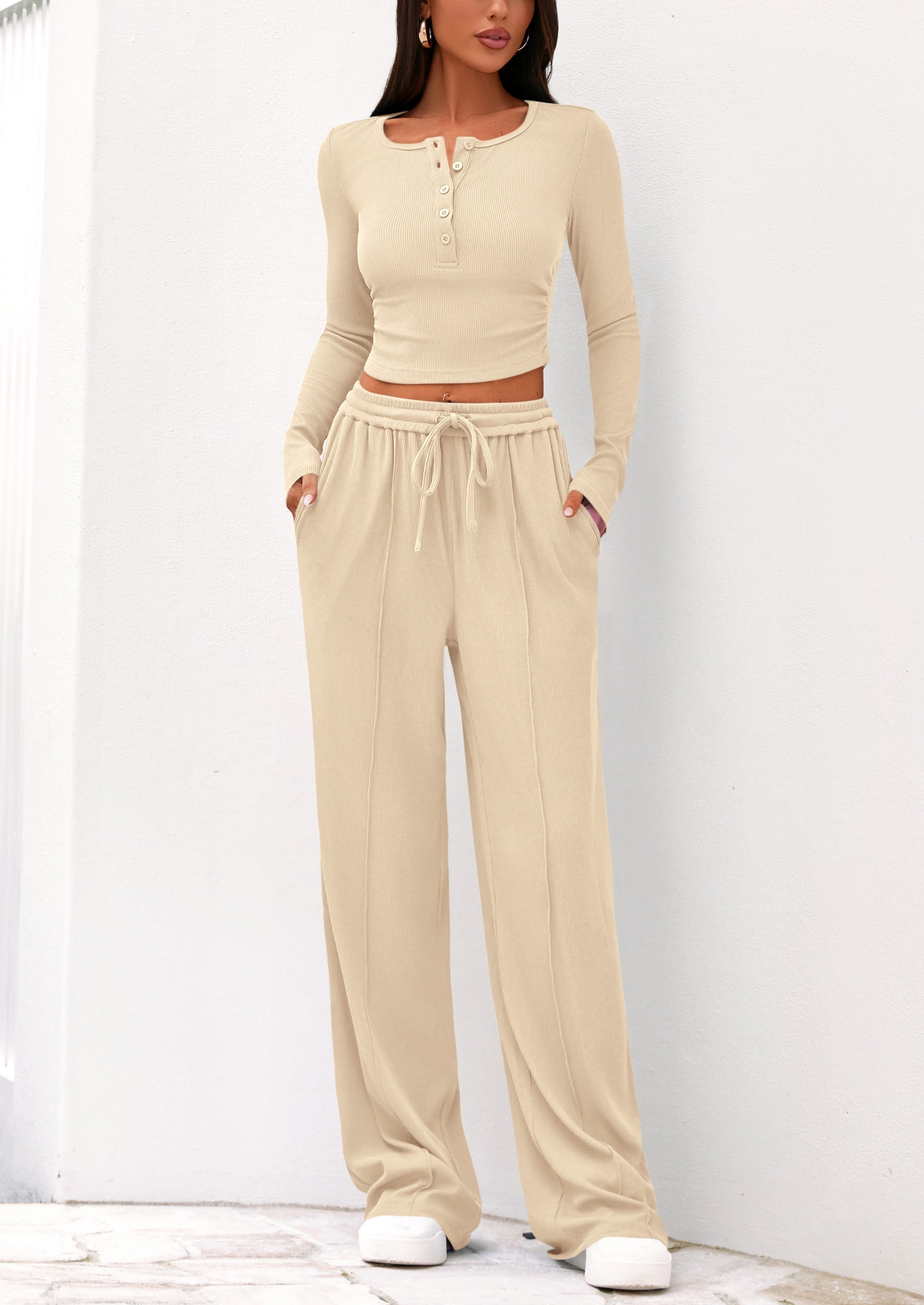 Chichi Women's Fall Trendy 2 Piece Outfits Lounge Sets Long Sleeve Top Henley Shirts Wide Leg Pants Travel Clothes Beige