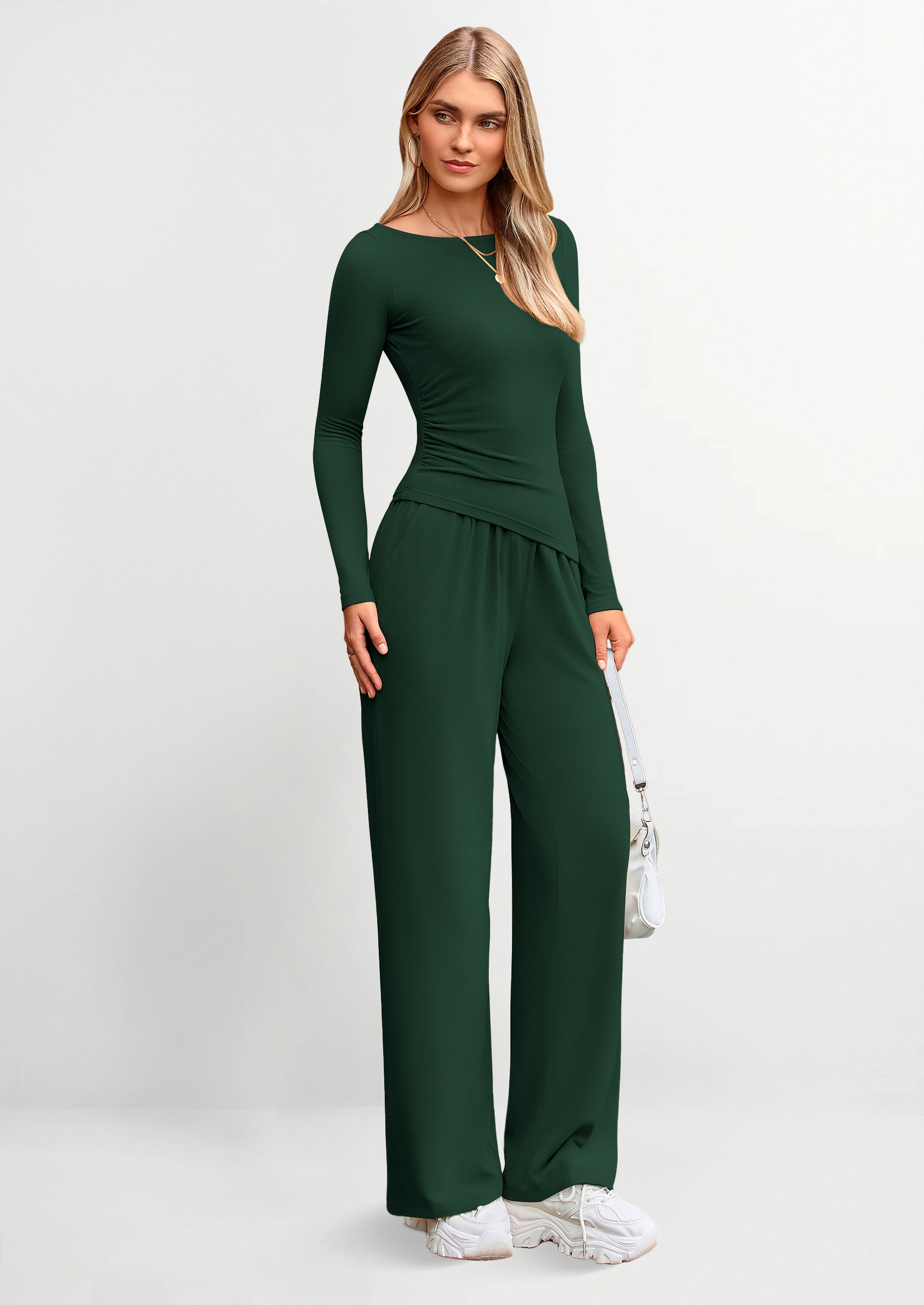 Chichi Women's 2 Piece Lounge Sets Asymmetrical Long Sleeve T Shirt Wide Leg Pants Casual Outfits Tracksuit Dark Green