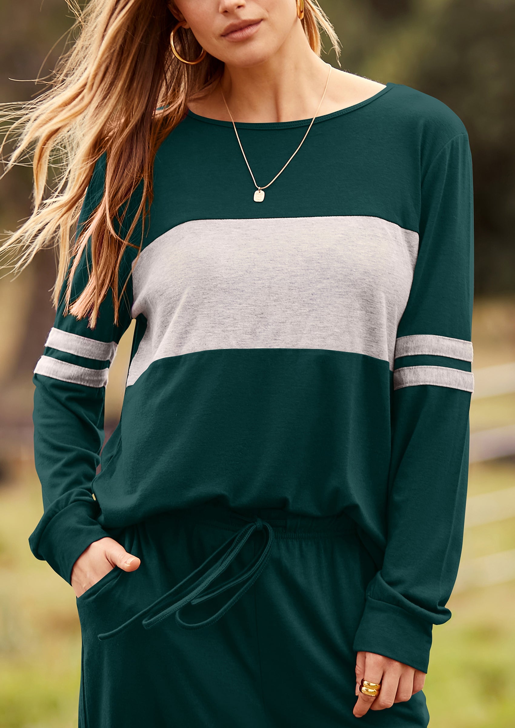 Chichi Women's Color Block 2 Piece Spring Tracksuit Crewneck Long Sleeve Tops Long Sweatpants Outfits Lounge Sets Dark Green