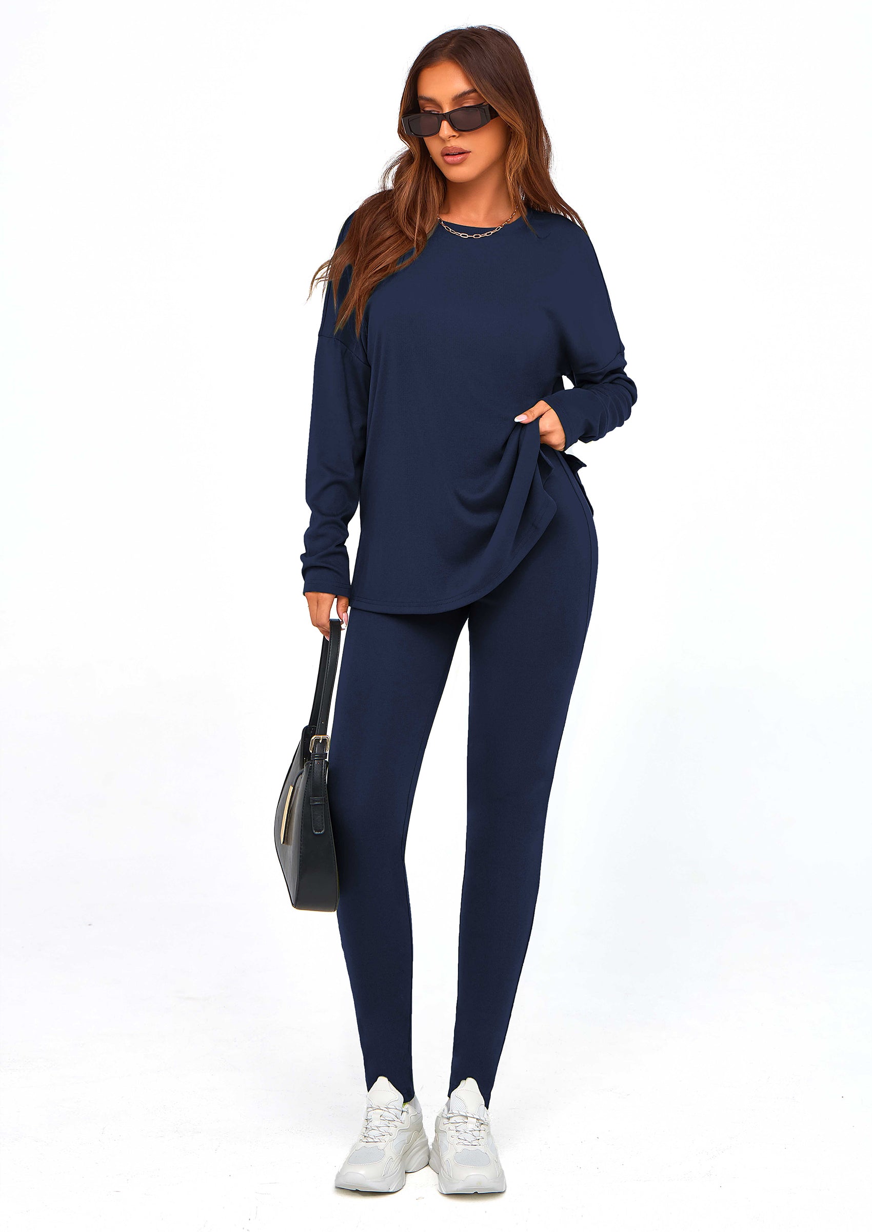 Chichi 2 Piece Outfits Casual Long Sleeve Tunic Tops Legging Pants Lounge Sets Sweatsuits Navy