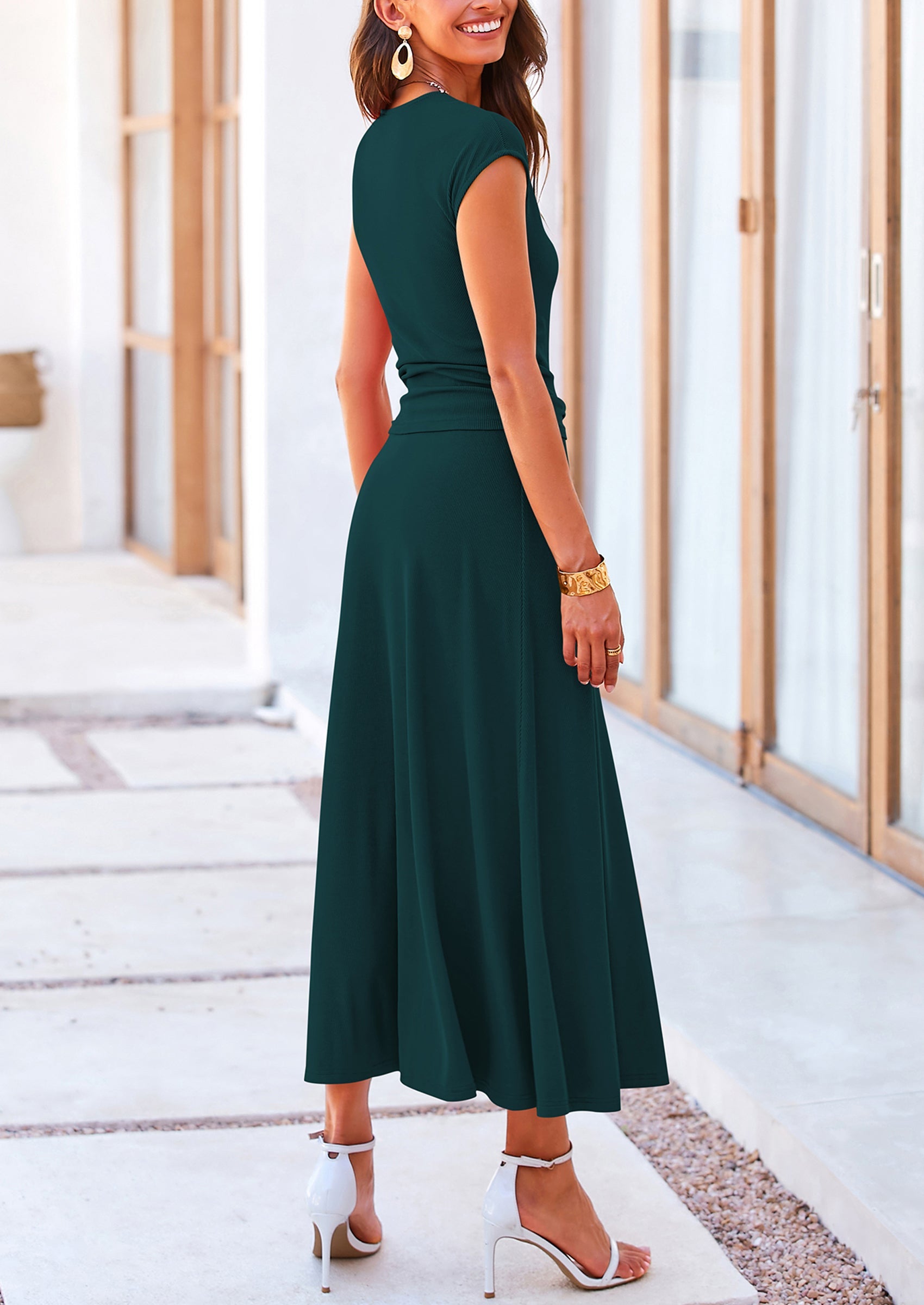 Chichi Summer Two Piece Skirt Set for Women Dressy Casual Knit Matching Travel Spring Vacation Lounge Outfits Dark Green