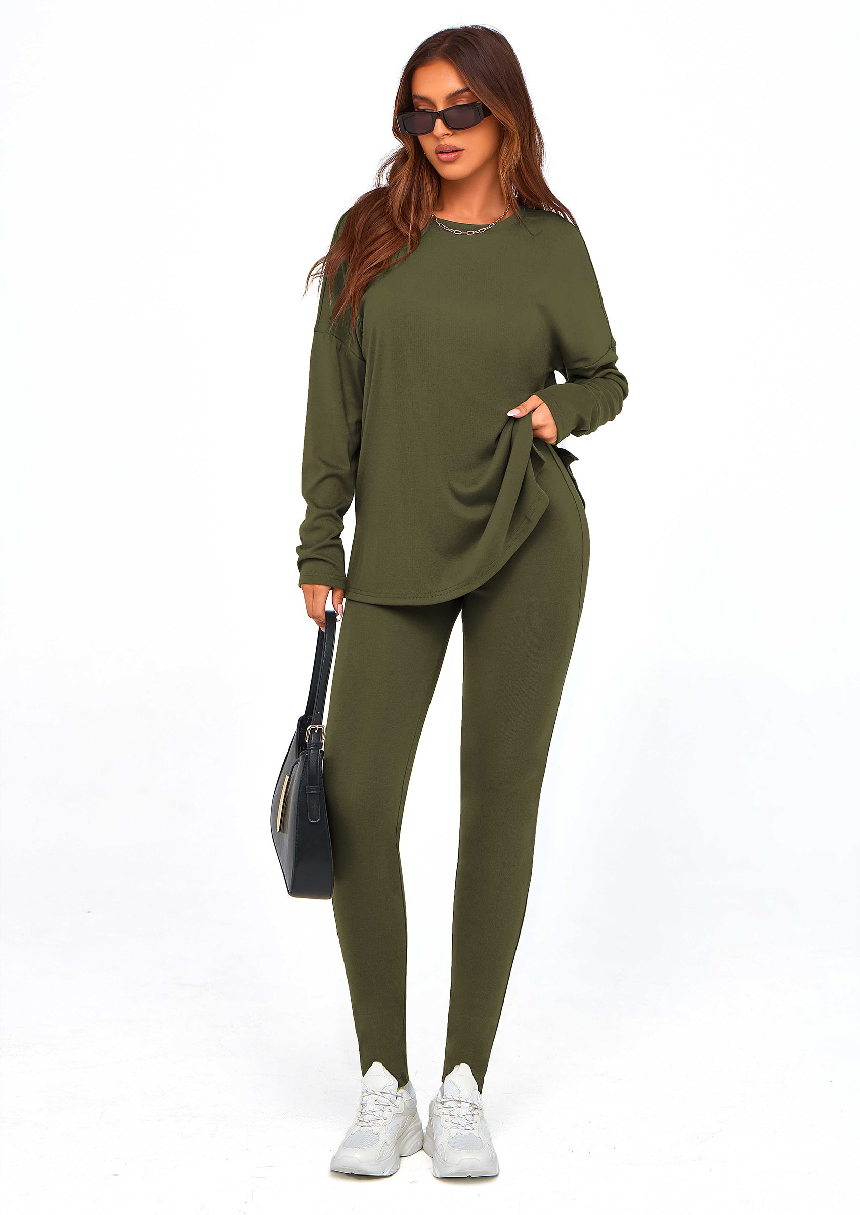 Chichi 2 Piece Outfits Casual Long Sleeve Tunic Tops Legging Pants Lounge Sets Sweatsuits Army Green