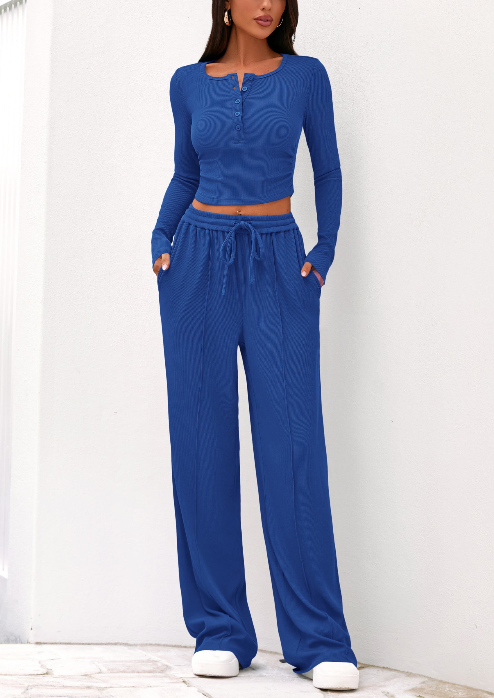 Chichi Women's Fall Trendy 2 Piece Outfits Lounge Sets Long Sleeve Top Henley Shirts Wide Leg Pants Travel Clothes Blue