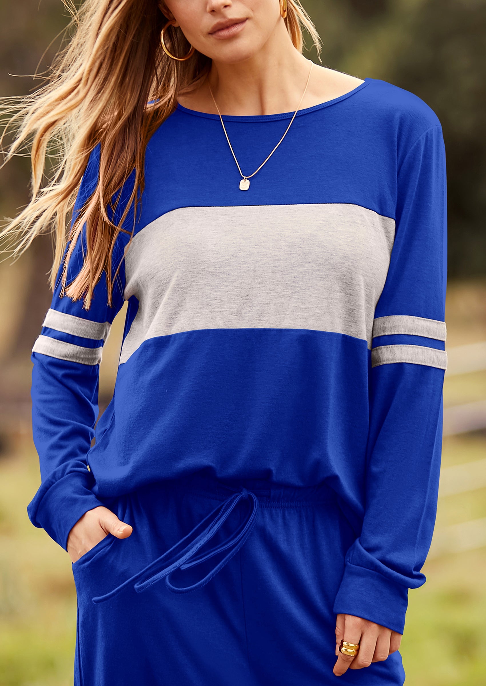 Chichi Women's Color Block 2 Piece Spring Tracksuit Crewneck Long Sleeve Tops Long Sweatpants Outfits Lounge Sets Dark Blue