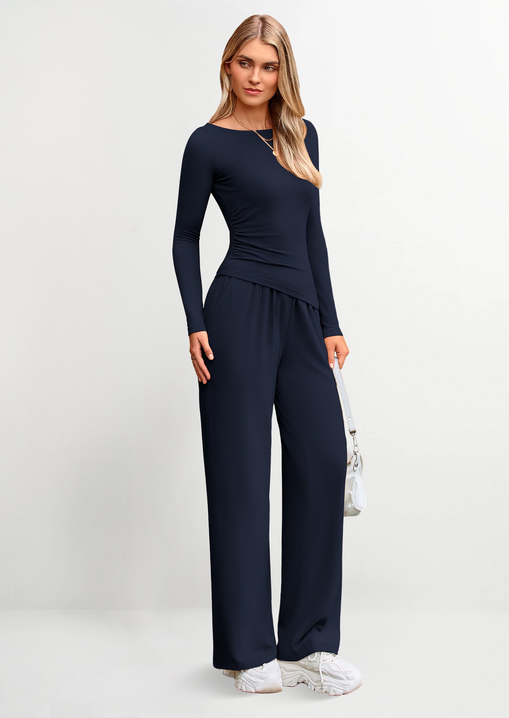 Chichi Women's 2 Piece Lounge Sets Asymmetrical Long Sleeve T Shirt Wide Leg Pants Casual Outfits Tracksuit Navy
