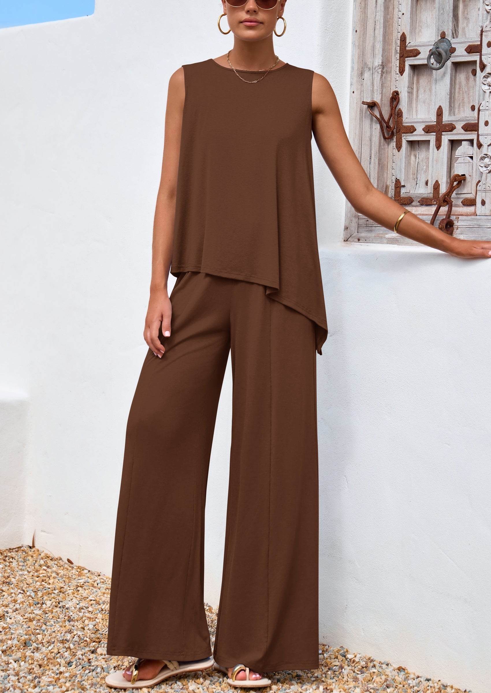Chichi Women's Two Piece Matching Lounge Sets Asymmetrical Split Tank Tops Wide Leg Pants Summer Outfits Tracksuit Light Coffee