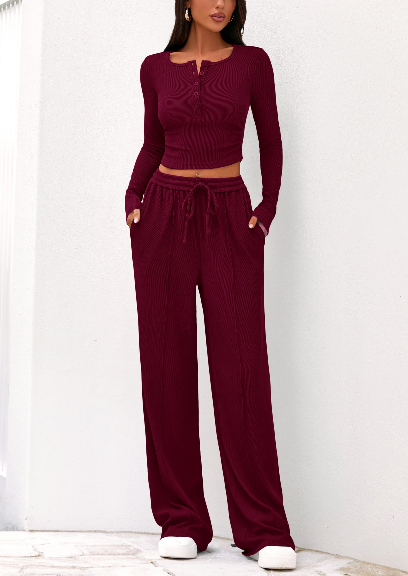 Chichi Women's Fall Trendy 2 Piece Outfits Lounge Sets Long Sleeve Top Henley Shirts Wide Leg Pants Travel Clothes Burgundy