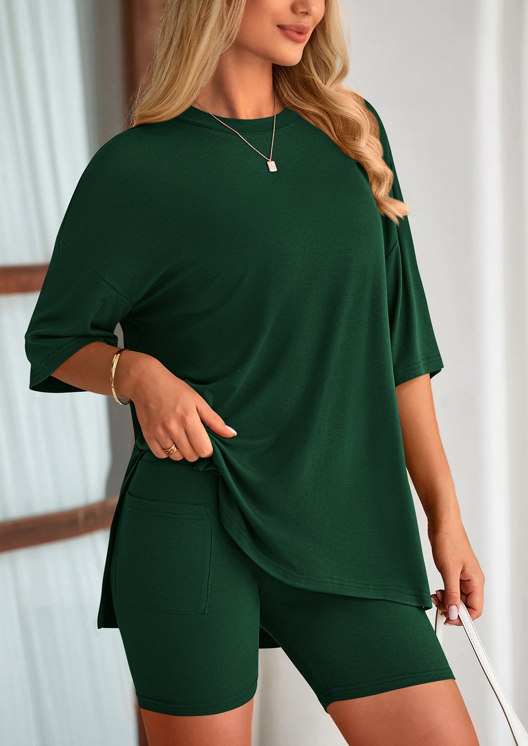 Chichi Women's Two Piece Lounge Set Summer Casual Oversized Shirts Biker Shorts Matching Airport Travel Outfit Dark Green