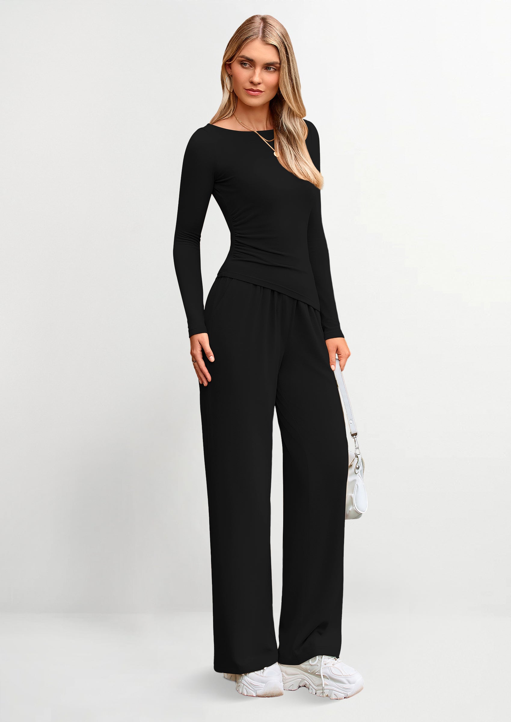 Chichi Women's 2 Piece Lounge Sets Asymmetrical Long Sleeve T Shirt Wide Leg Pants Casual Outfits Tracksuit Black