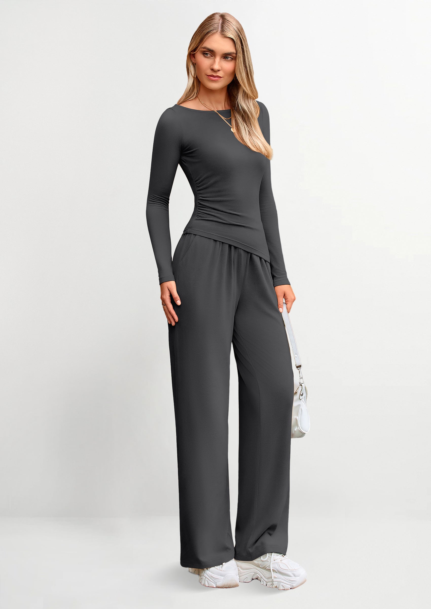 Chichi Women's 2 Piece Lounge Sets Asymmetrical Long Sleeve T Shirt Wide Leg Pants Casual Outfits Tracksuit Dark Grey