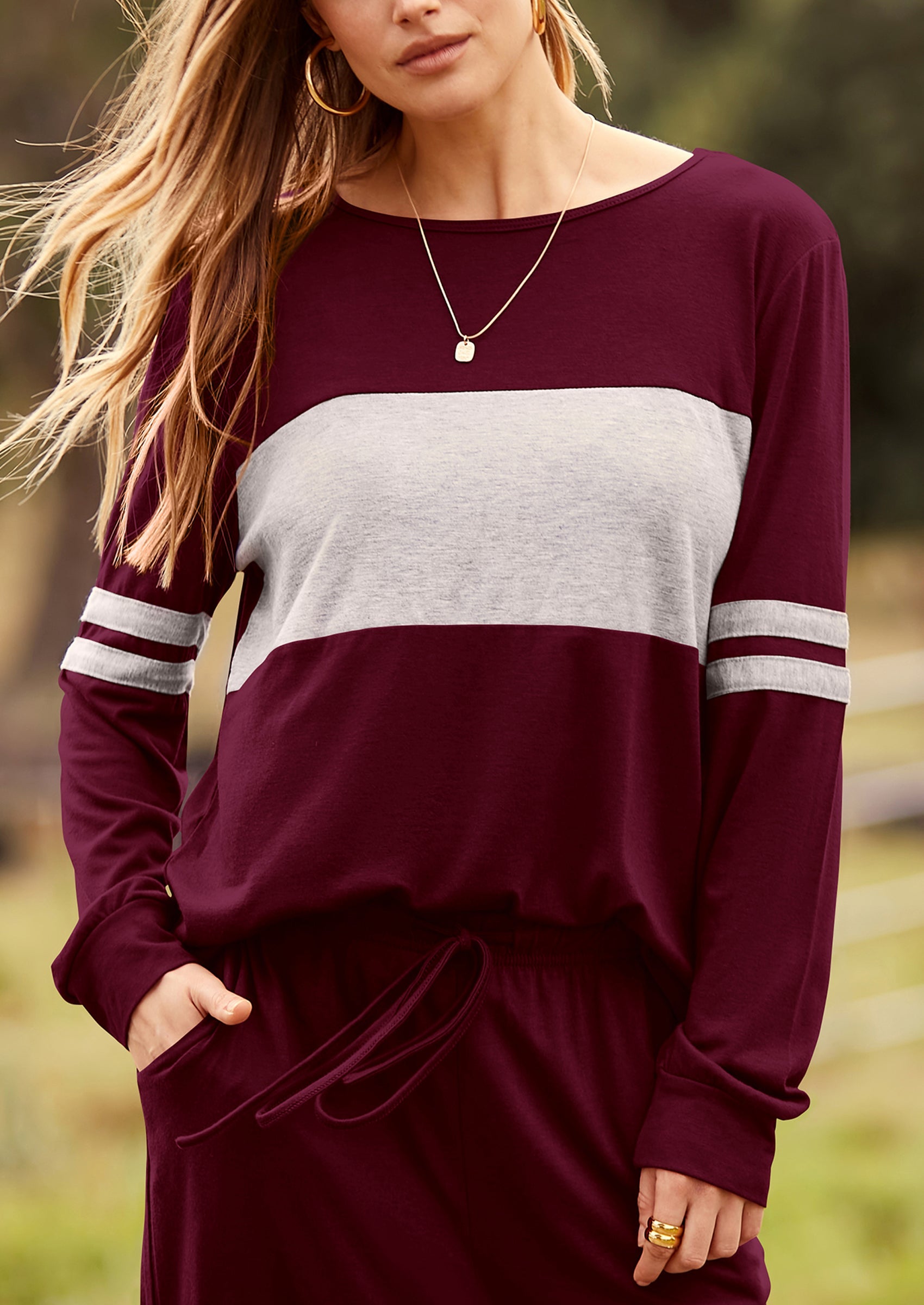 Chichi Women's Color Block 2 Piece Spring Tracksuit Crewneck Long Sleeve Tops Long Sweatpants Outfits Lounge Sets Wine Red