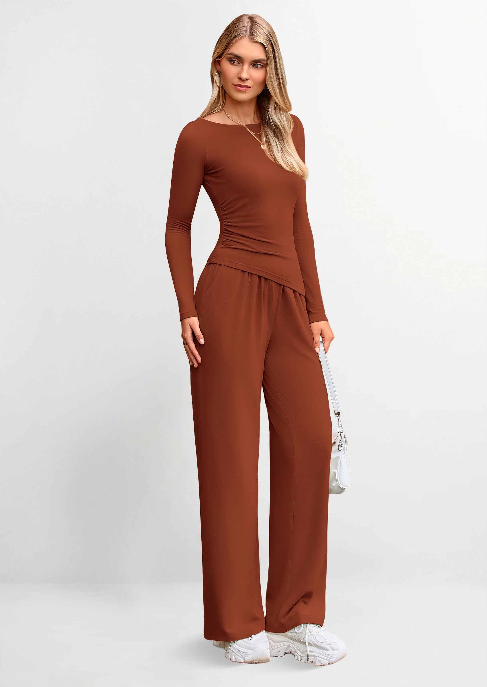 Chichi Women's 2 Piece Lounge Sets Asymmetrical Long Sleeve T Shirt Wide Leg Pants Casual Outfits Tracksuit