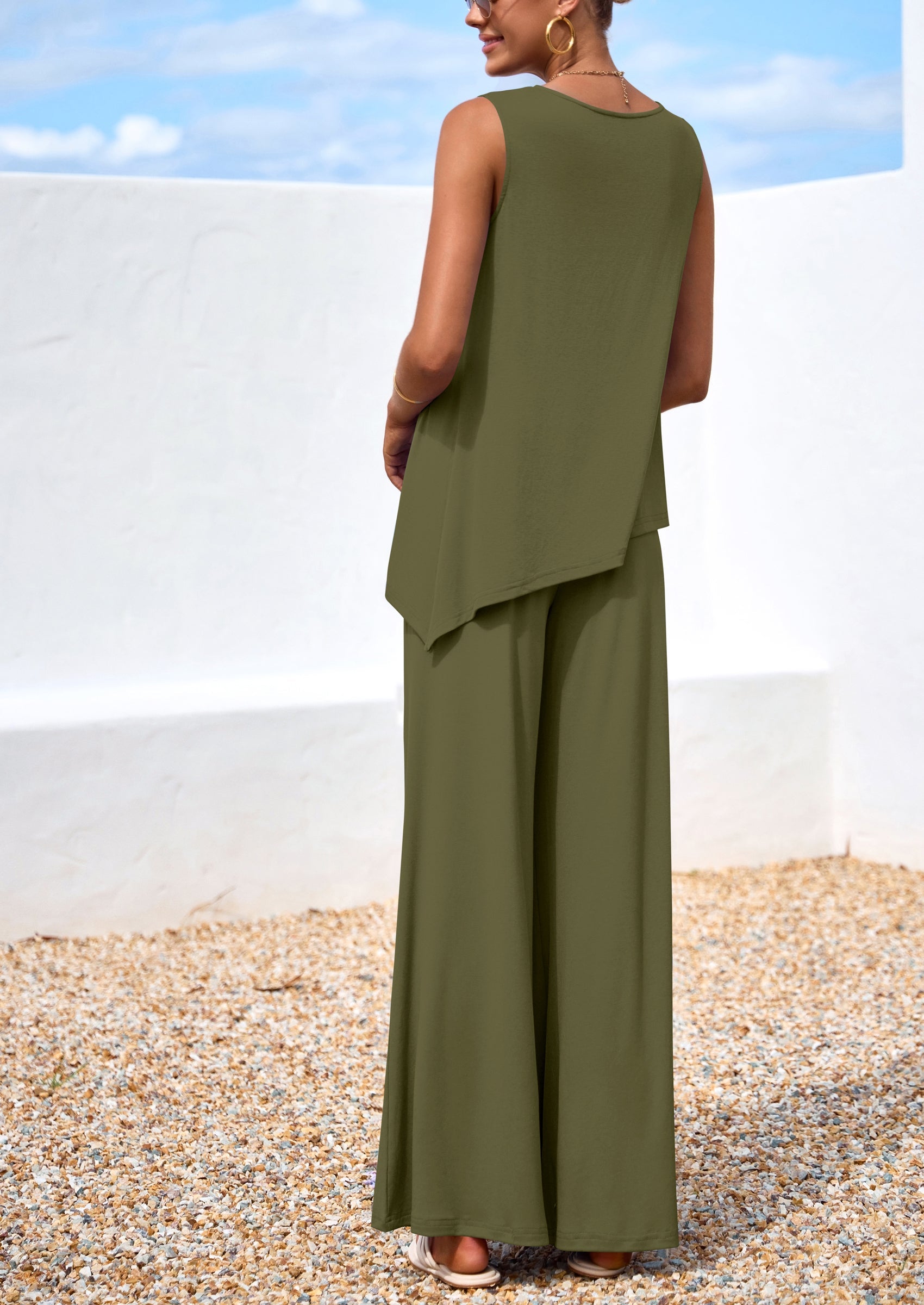 Chichi Women's Two Piece Matching Lounge Sets Asymmetrical Split Tank Tops Wide Leg Pants Summer Outfits Tracksuit Army Green