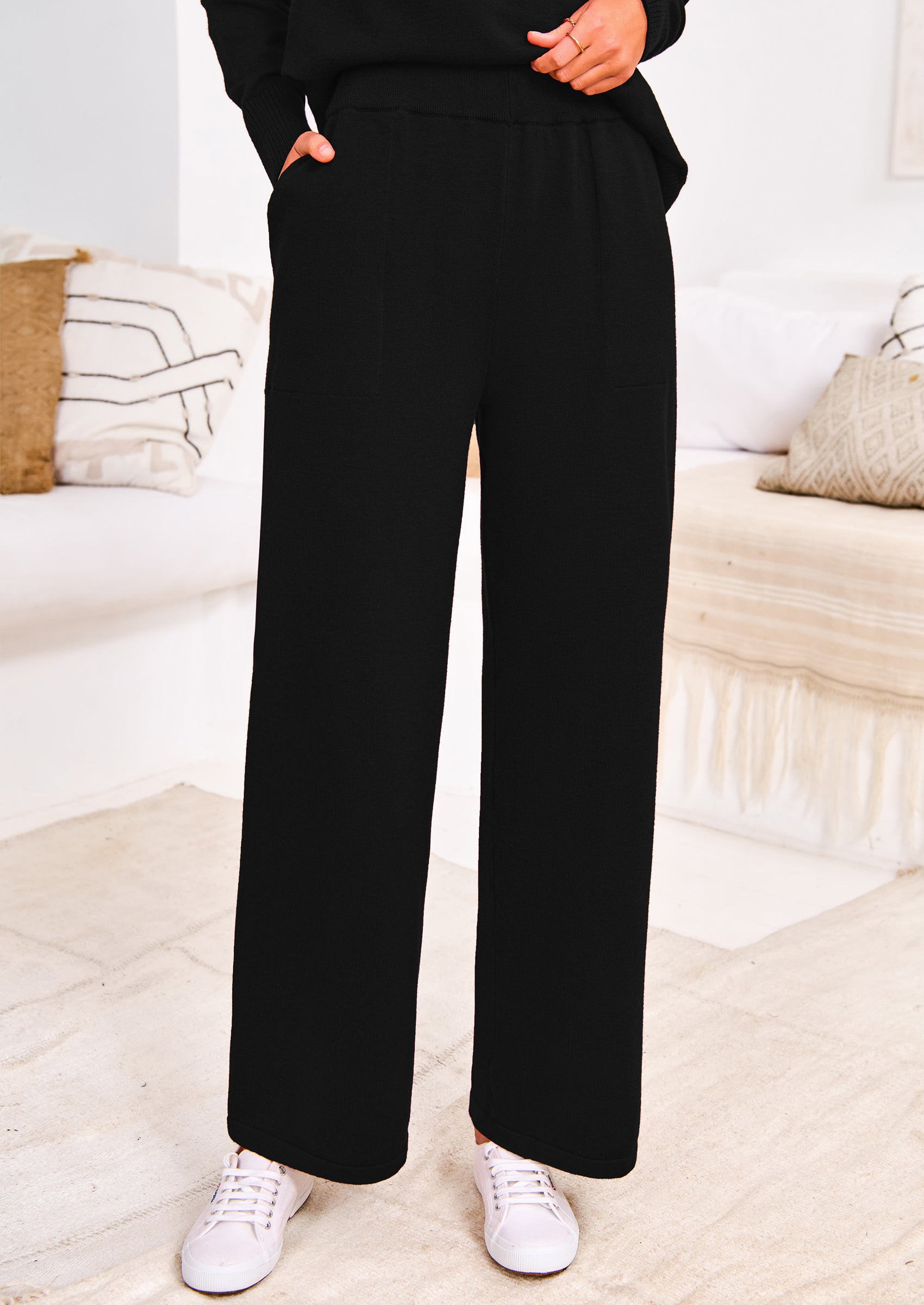 Chichi Two Piece Matching Sweater Lounge Sets Knit Long Sleeve Pullover Tops Wide Leg Pants Black